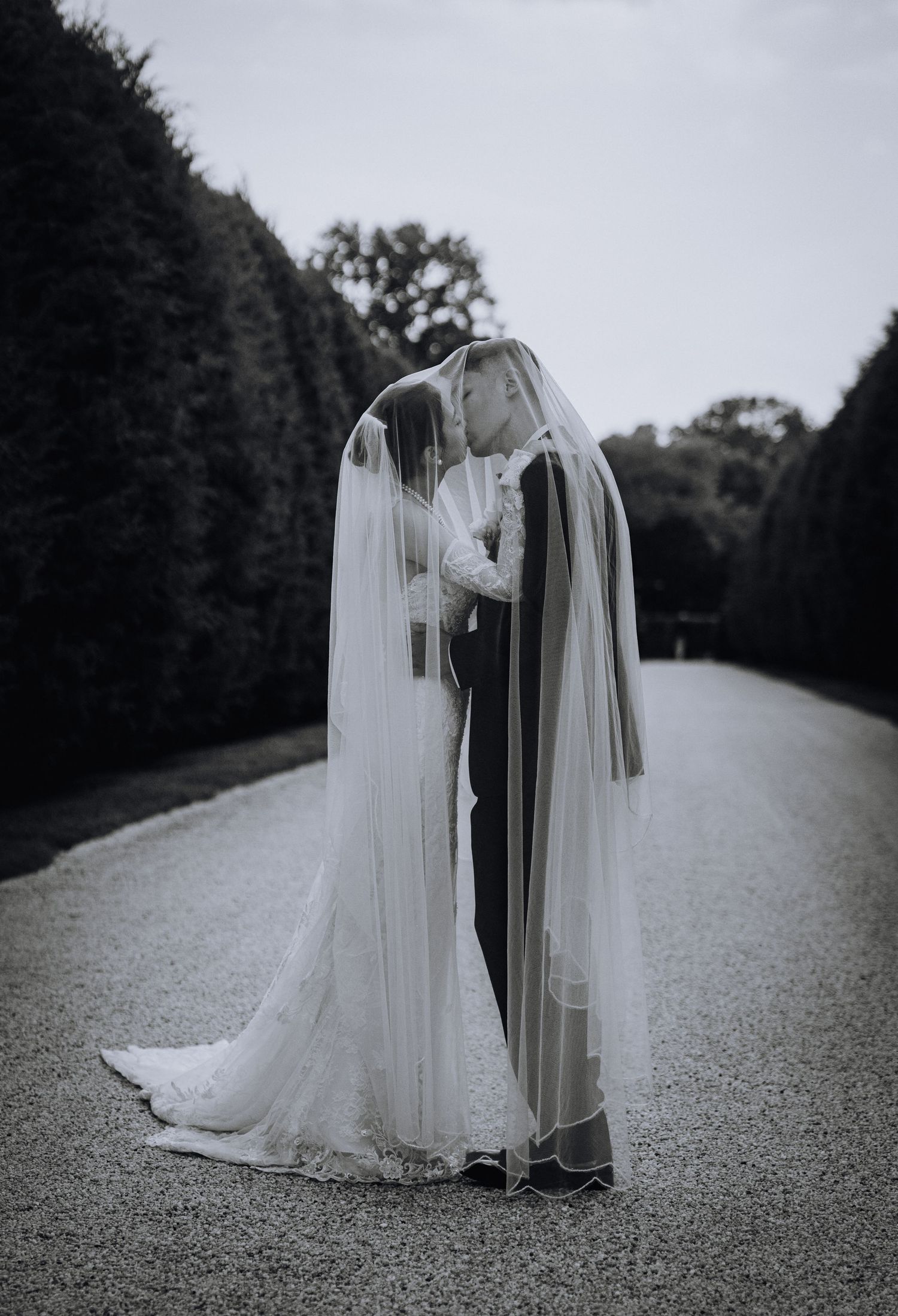 Black and white photo of a bride and groom kissing under a flowing veil on a tree-lined gravel path.