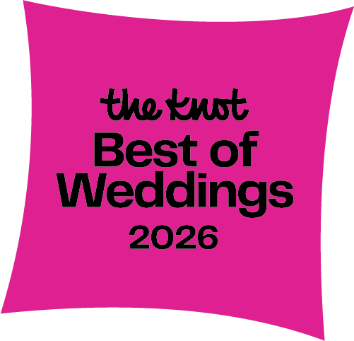 The Knot Best of Weddings 2026 logo in black text on bright pink diamond background.