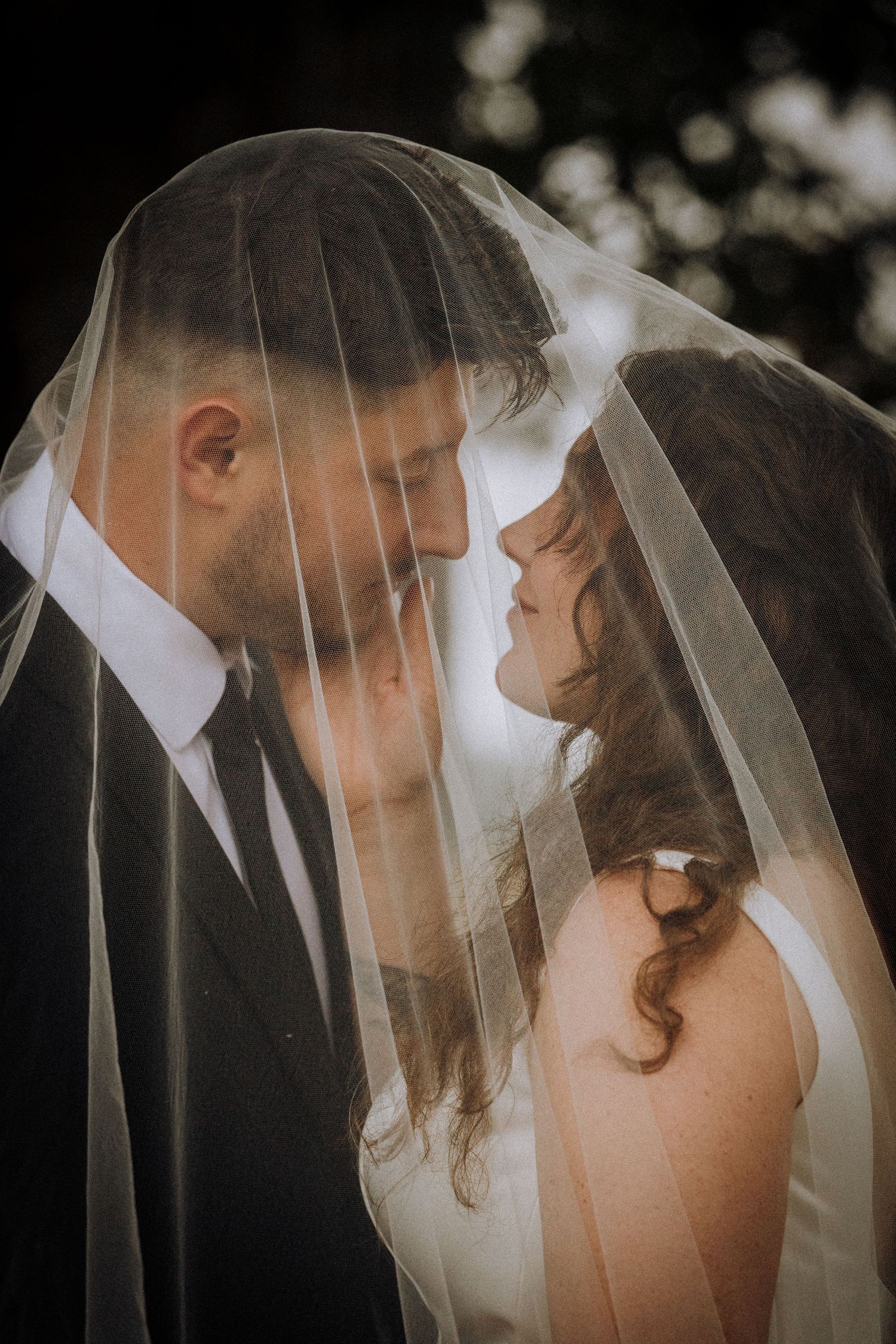 A romantic wedding couple shares an intimate moment under a delicate white veil.
