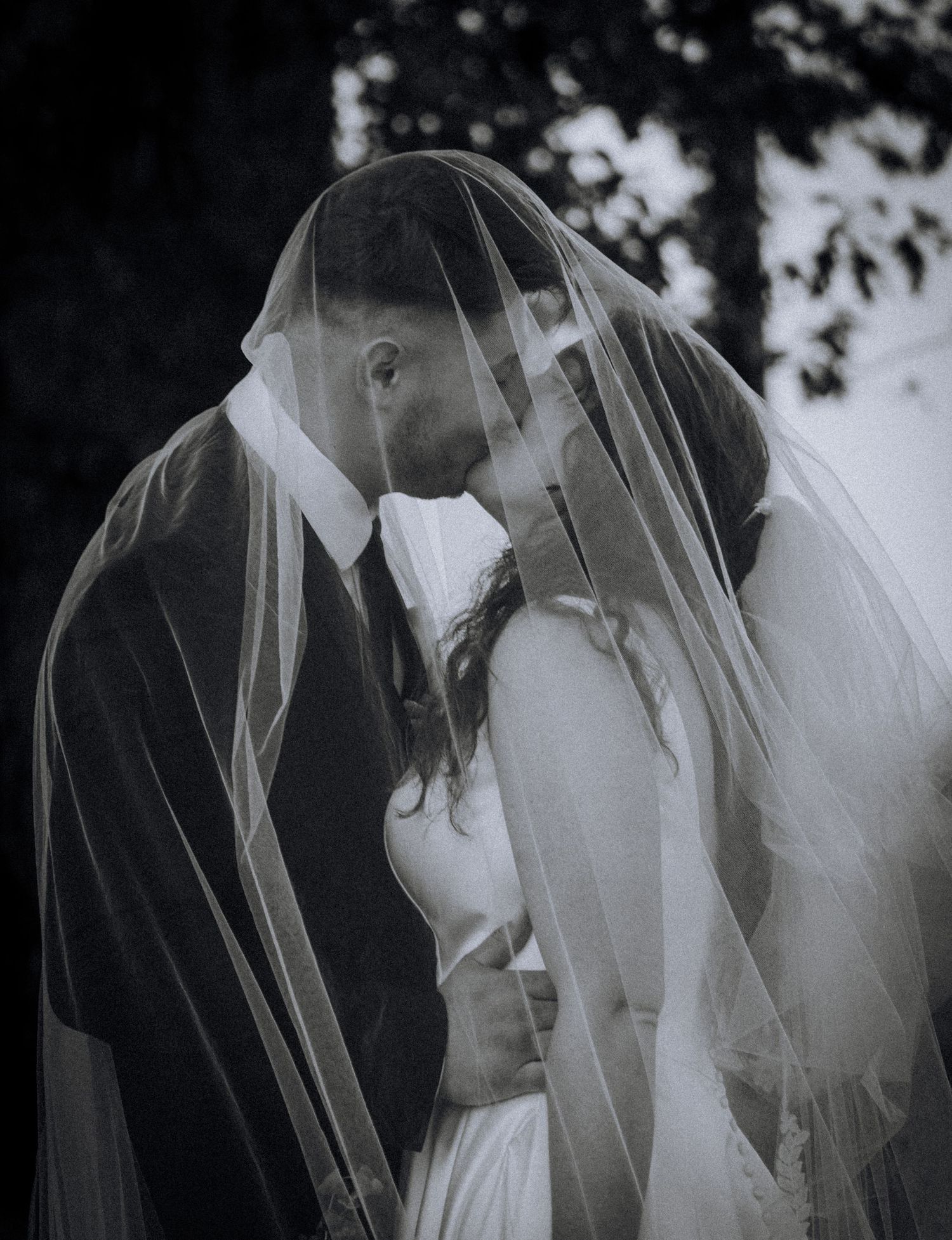 An intimate black and white wedding portrait under a delicate veil.