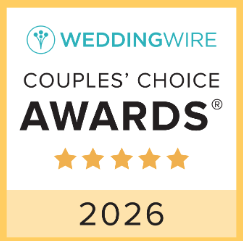 WeddingWire Couples Choice Awards 2026 badge featuring five gold stars on yellow background.