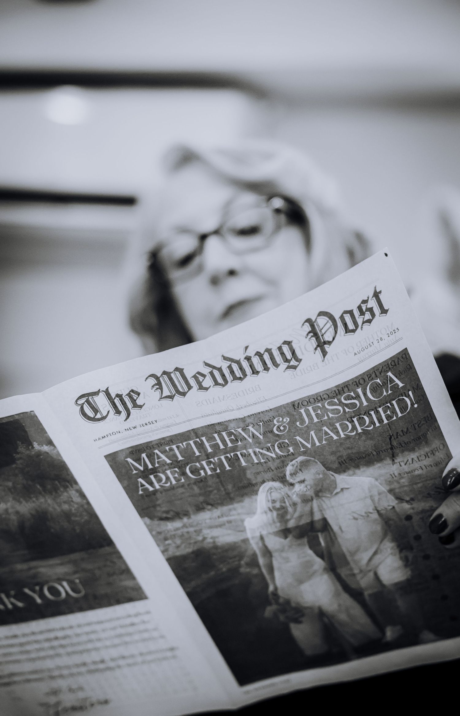 A black and white photo of The Wedding Post newspaper announcing a marriage.Editorial and Cinematic Wedding photos