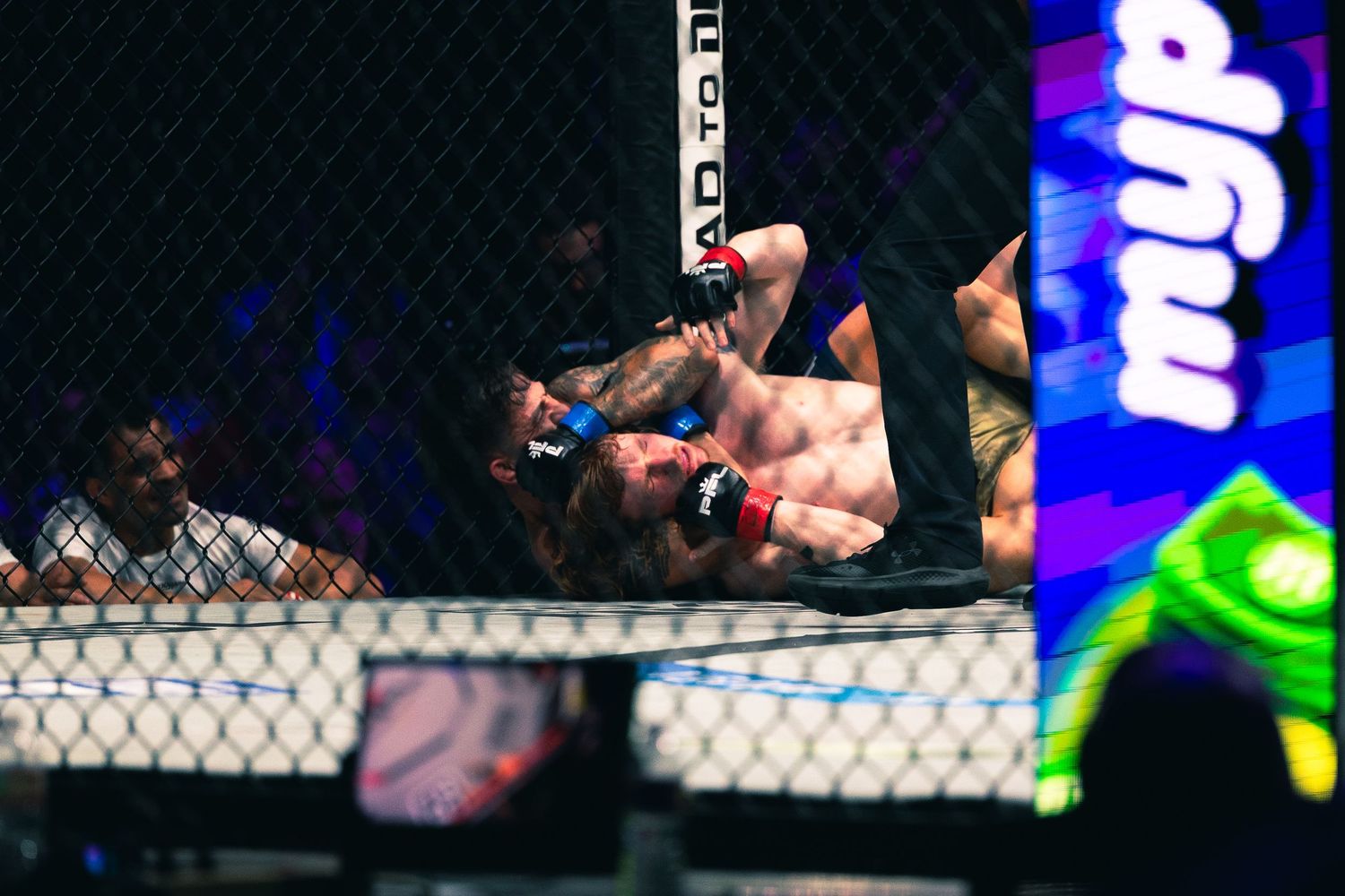Two MMA fighters grapple intensely inside an octagon cage during a professional UFC-style mixed martial arts fight.