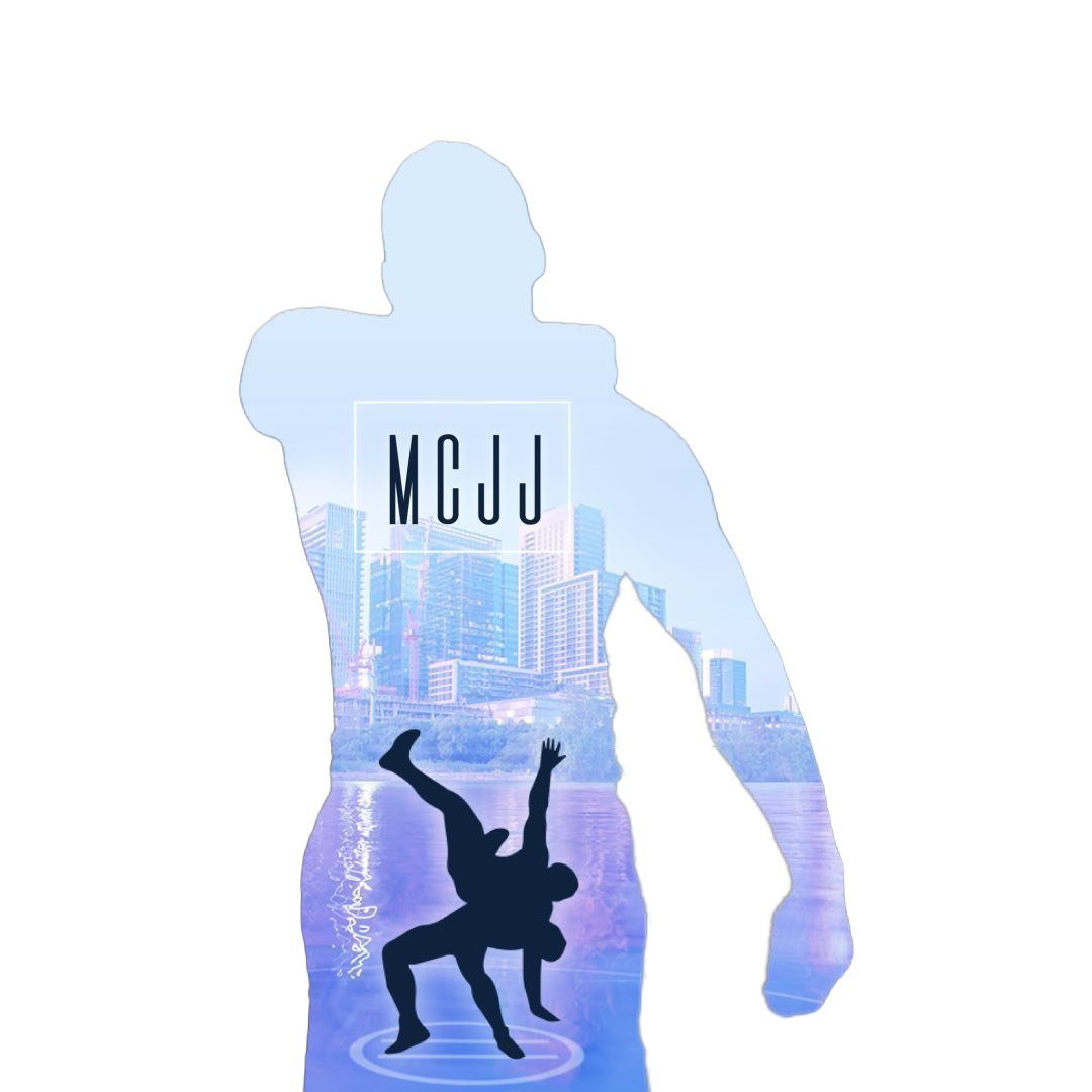 MCJJ logo with silhouette of a fighter and city skyline double exposure in blue and purple tones.