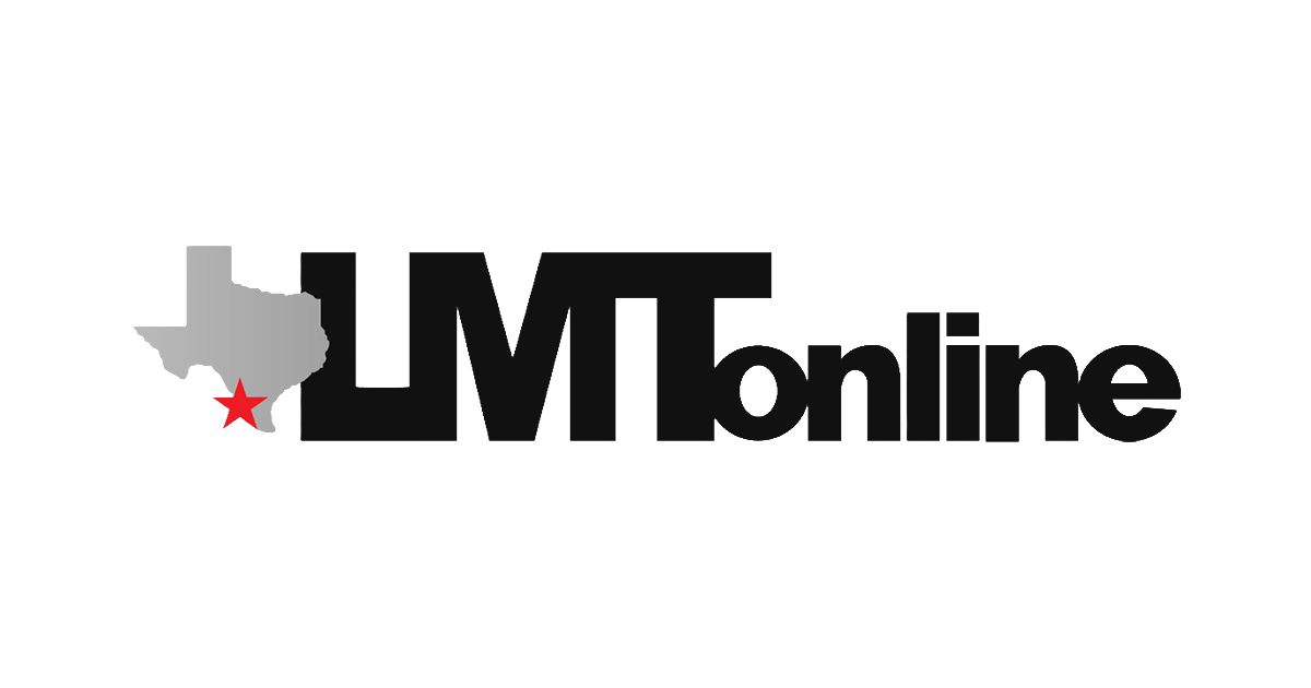 LMT Online logo featuring bold black text with a gray Texas state outline and red star accent.