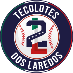 Tecolotes Dos Laredos baseball team logo with navy circle, red stitching, and number 2 in Mexican and US flag colors.