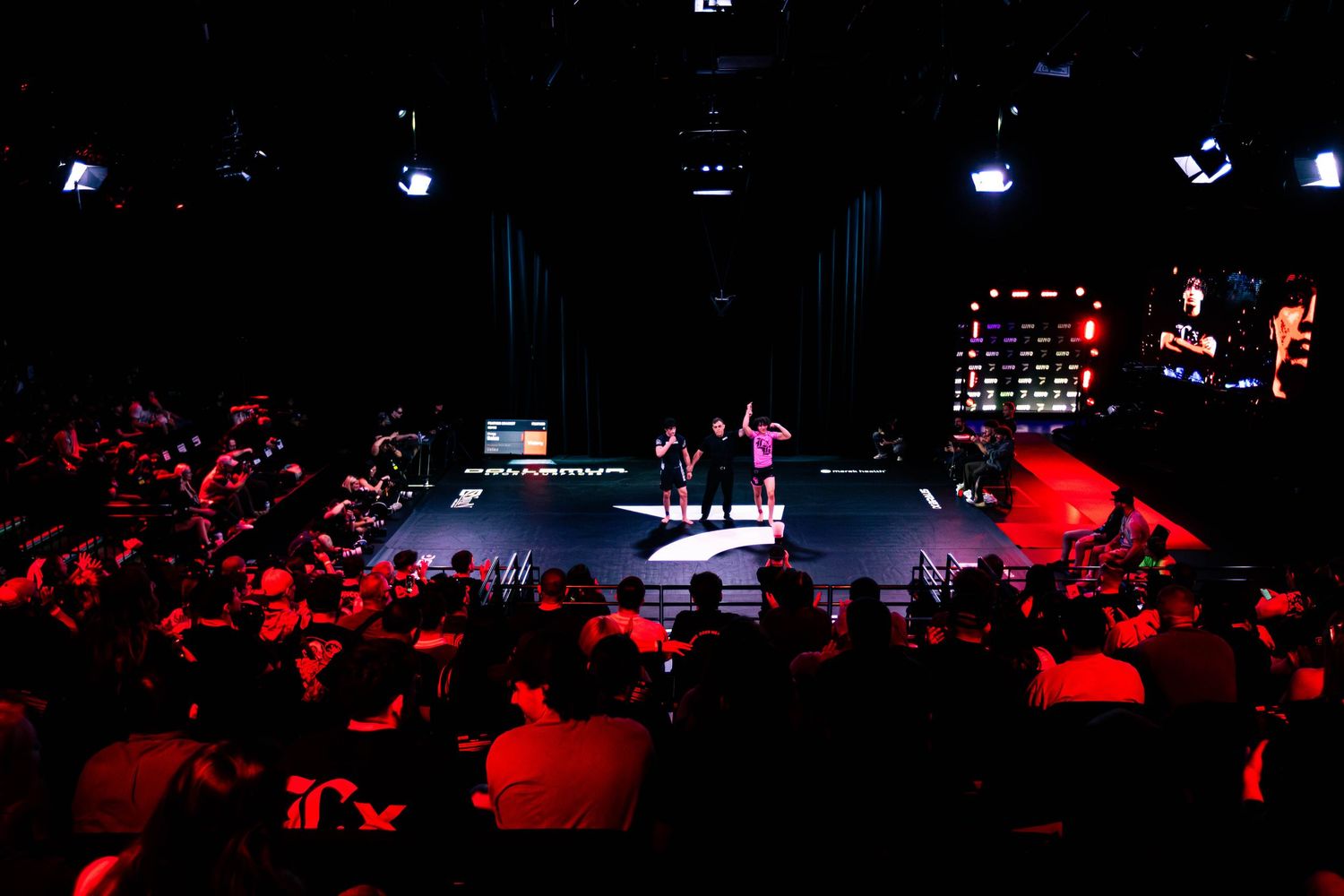 Performers on a dimly lit stage entertain a large audience at an indoor event with colorful lighting.