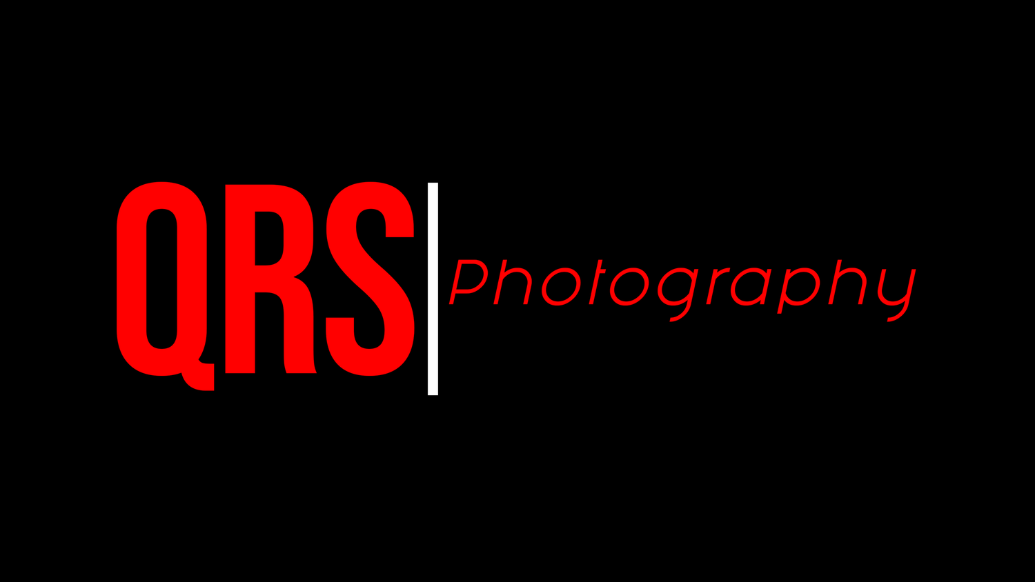 QRS Photography logo featuring bold red letters on a black background with elegant red script text.