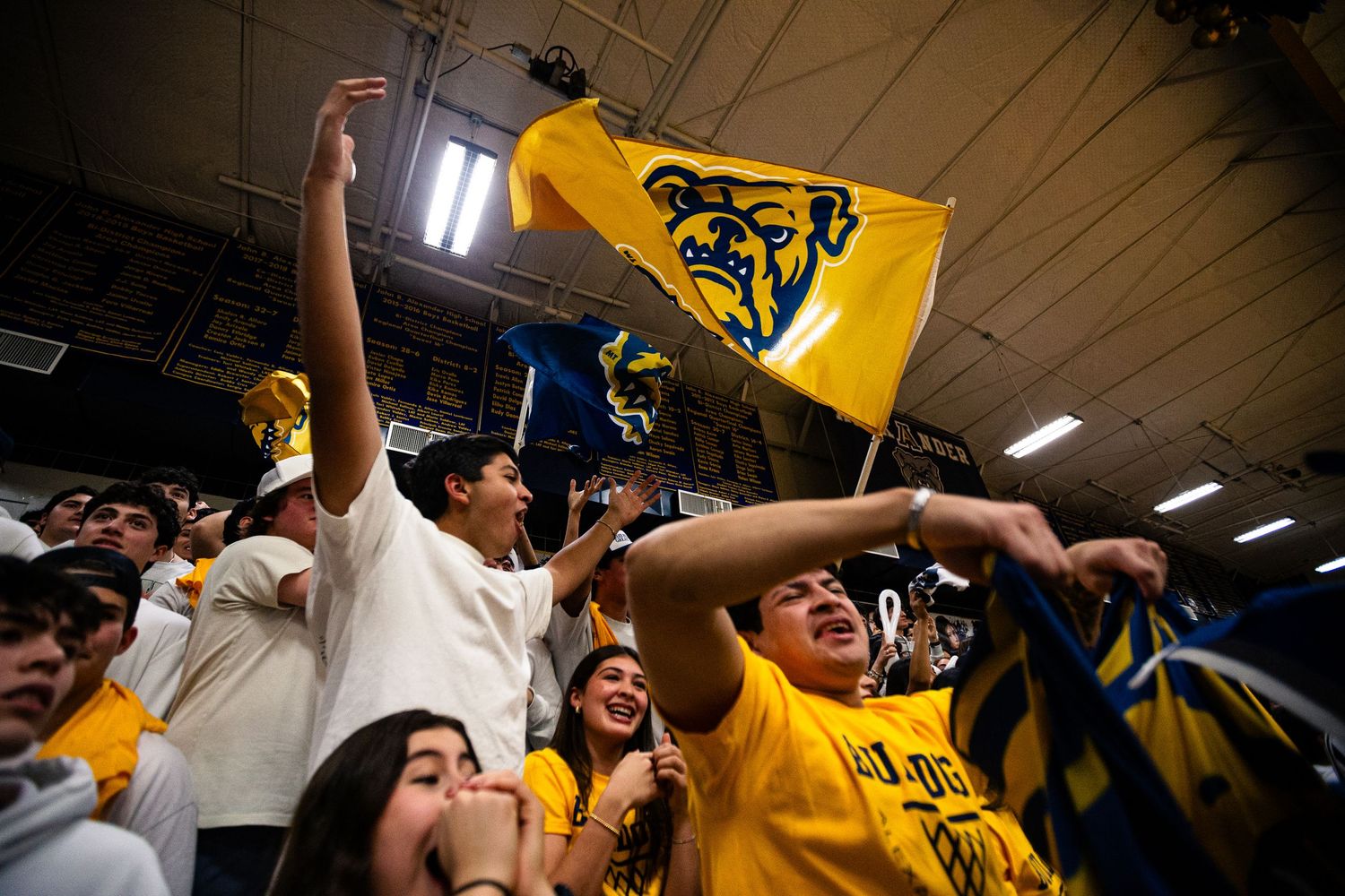 Excited fans wave a blue and gold bulldog flag at a school sports event, cheering in a packed gymnasium.