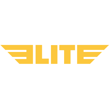 Elite brand logo in bold yellow text with decorative wing elements on white background.