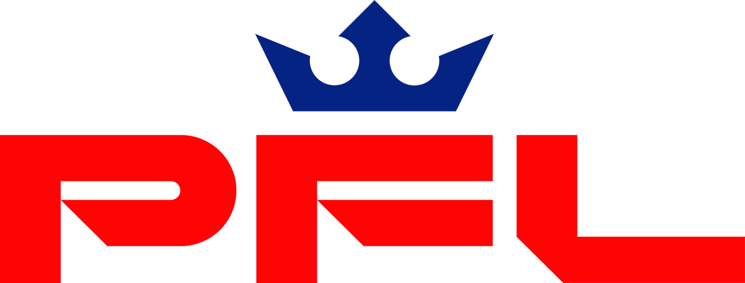 PFL Professional Fighters League logo featuring bold red letters with a blue crown symbol on white background.