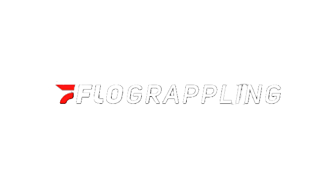 FloGrappling logo featuring bold white italic text with a red geometric icon on a white background.