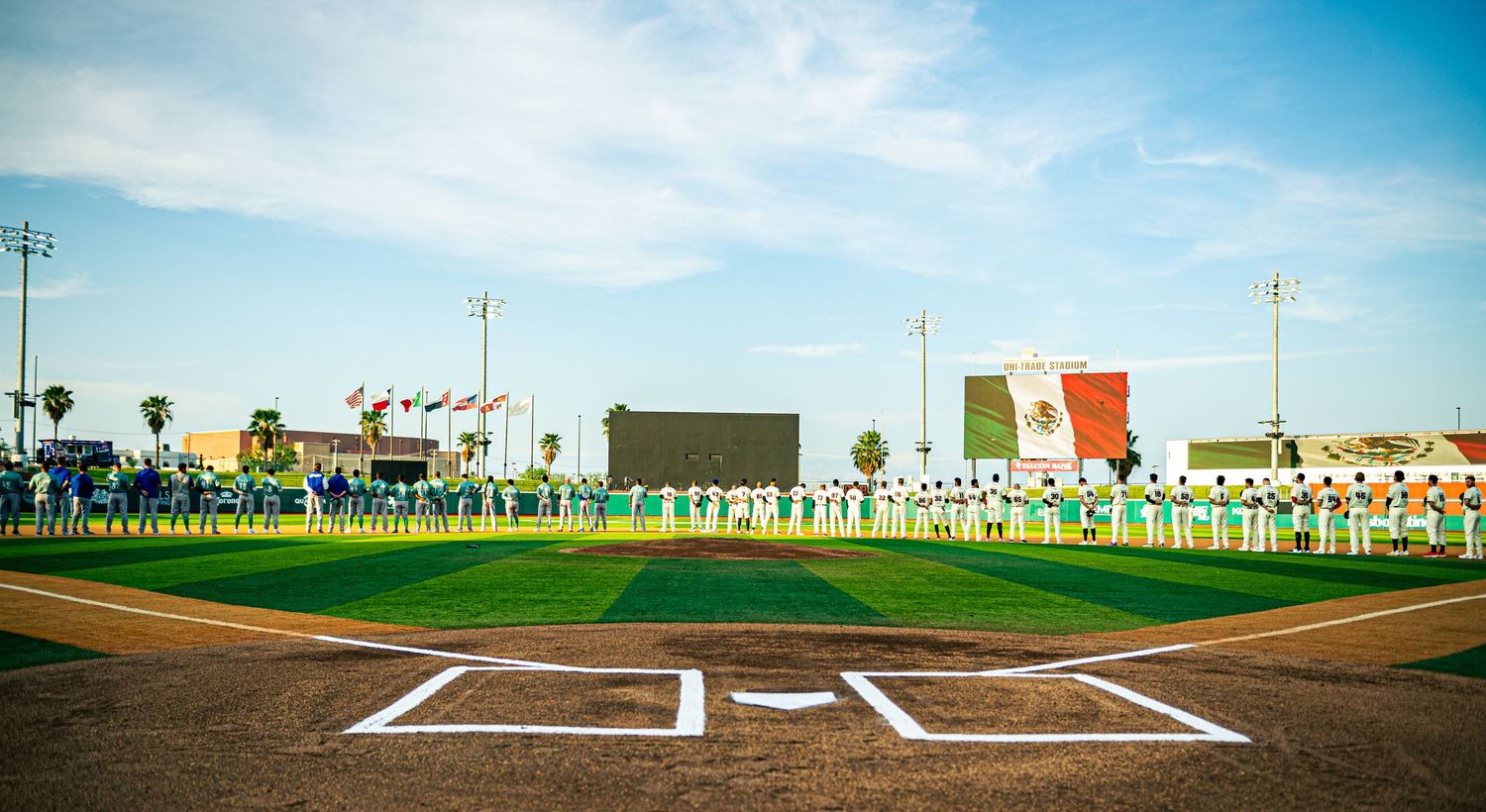 Baseball teams lined up along baselines at a green stadium field during a pre-game ceremony under a blue sky.