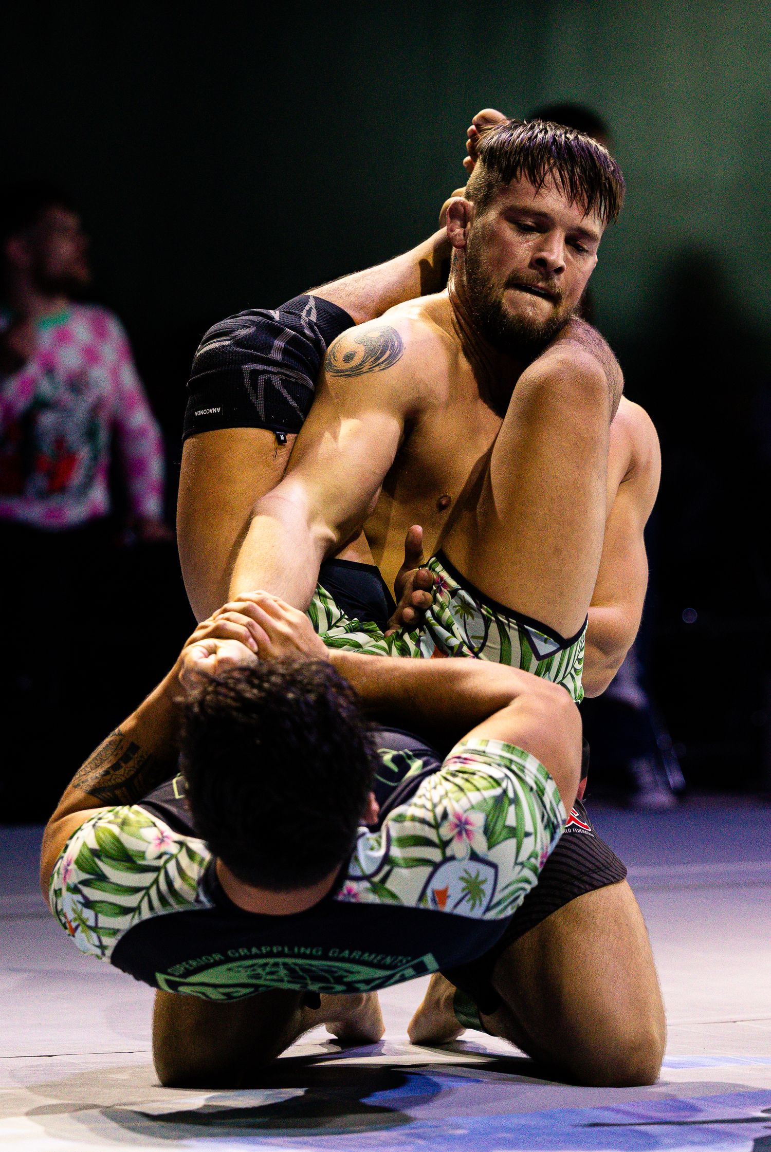 Two male grapplers compete in a BJJ match, one mounted on top controlling his opponent on the mat.