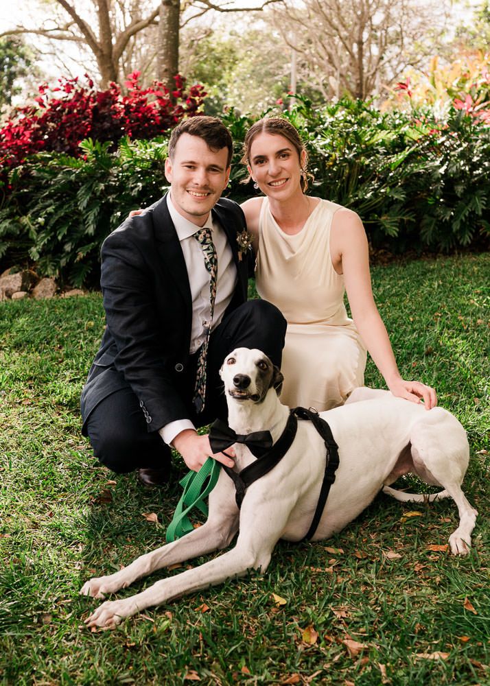 A couple in wedding attire sits on grass with their large white Great Pyrenees dog during an outdoor photo session.