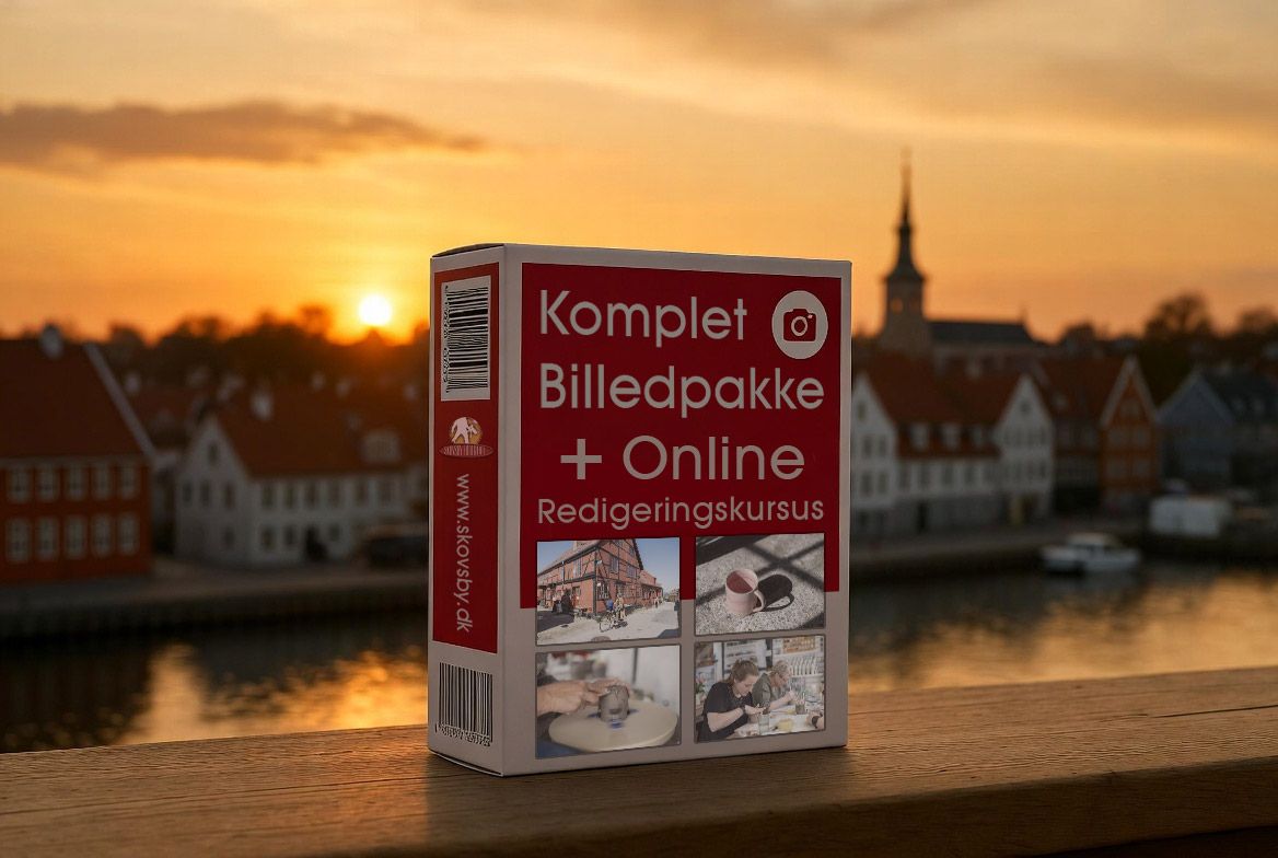 Product boxes displayed on a wooden surface with sunset water and historic architecture in background.