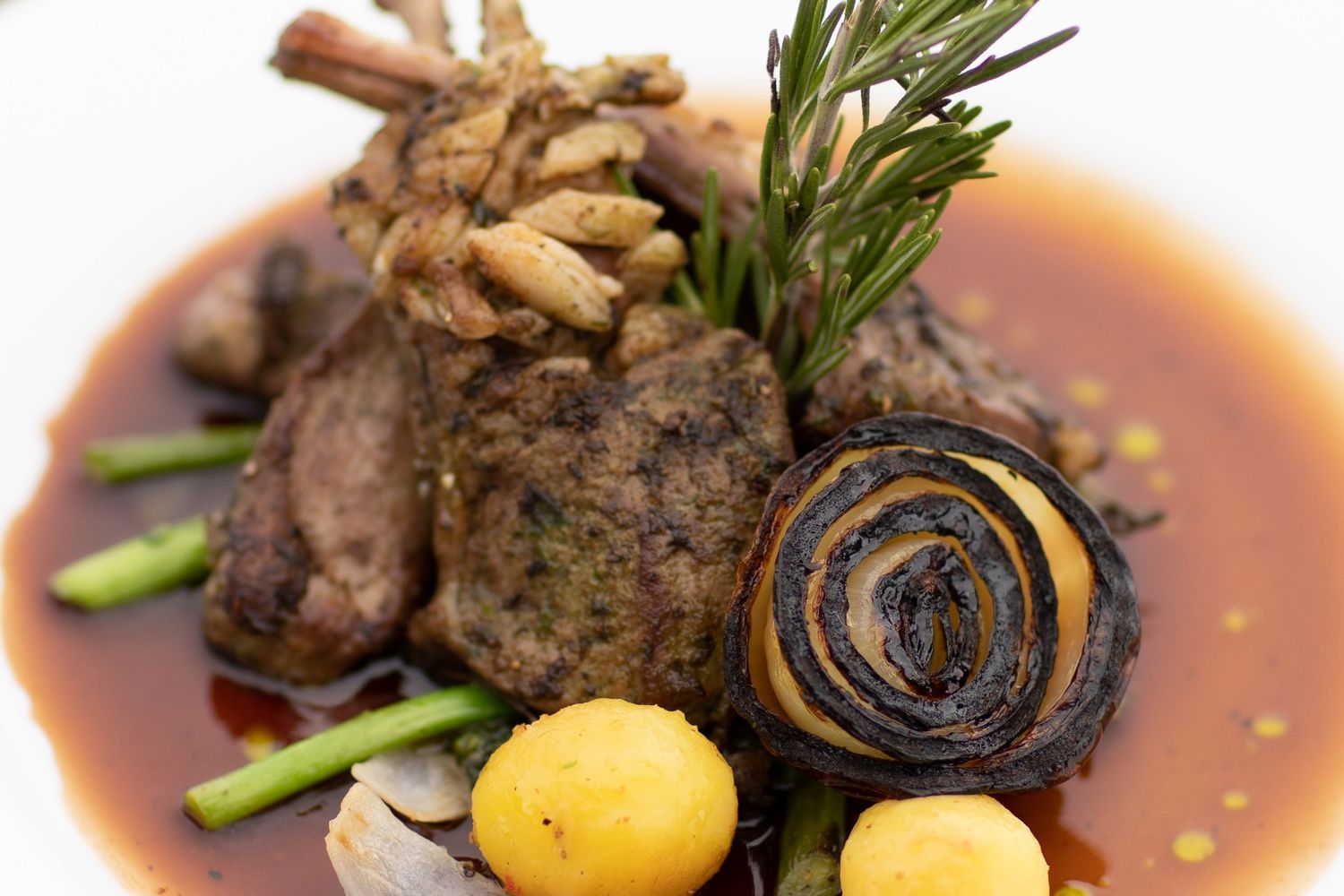 Braised meat dish with roasted vegetables, rosemary garnish, and caramelized onion in rich brown sauce.