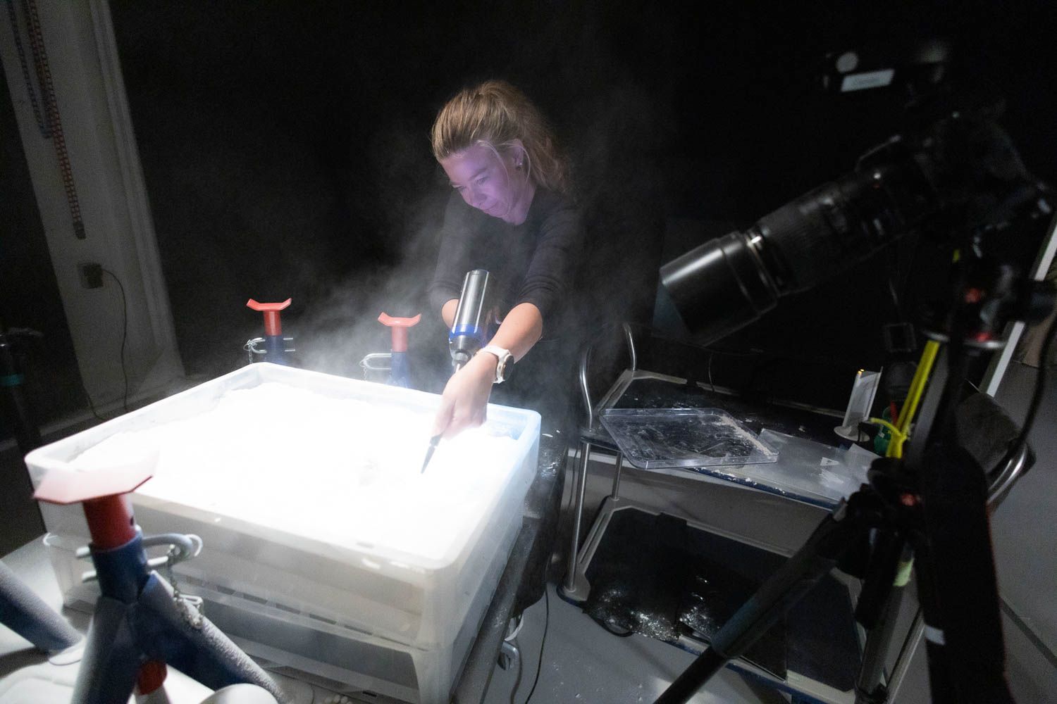 Studio photography session with dramatic lighting and smoke effects in dark setting.