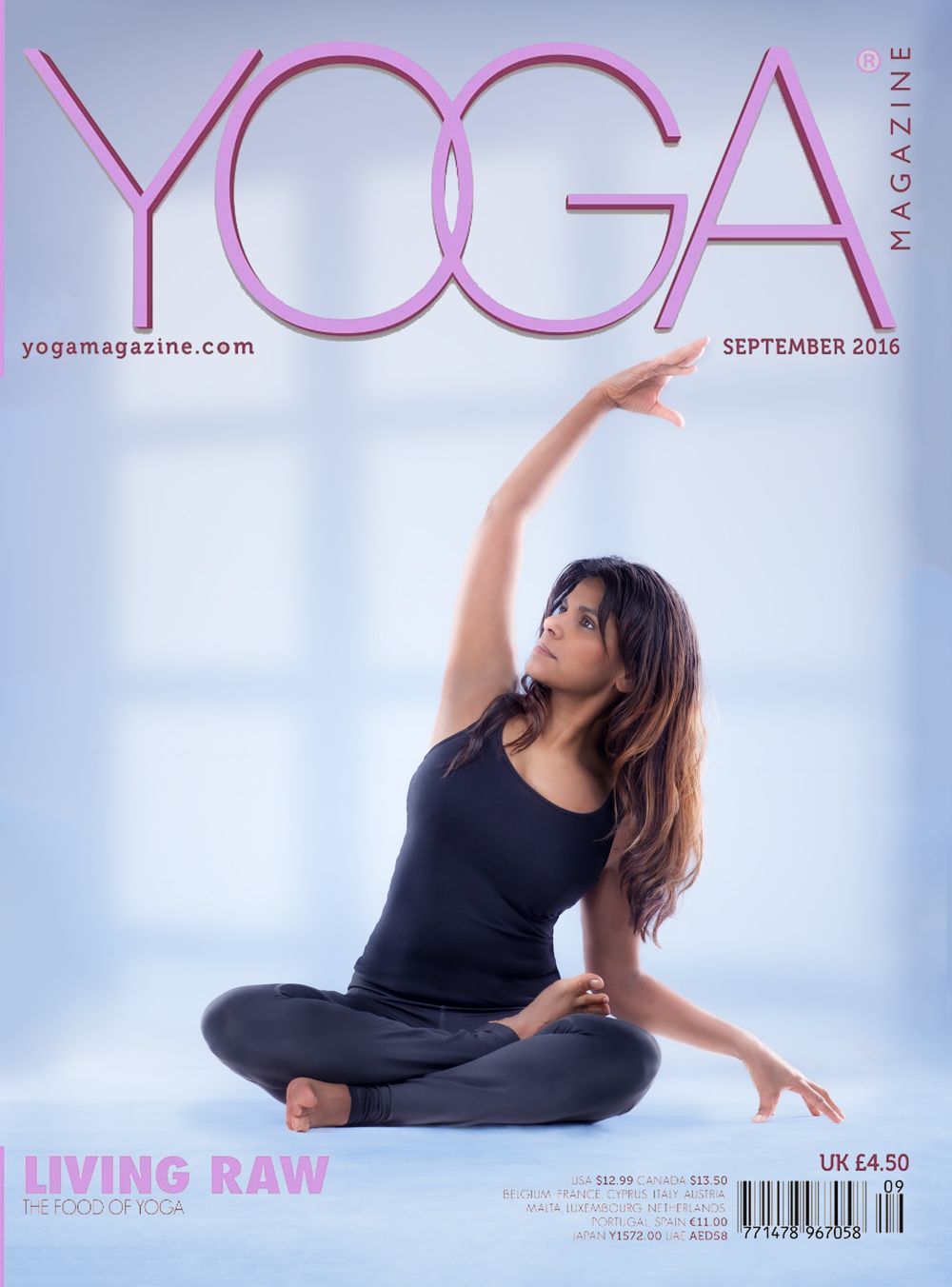 Magazine cover layout showing yoga poses against light blue background.