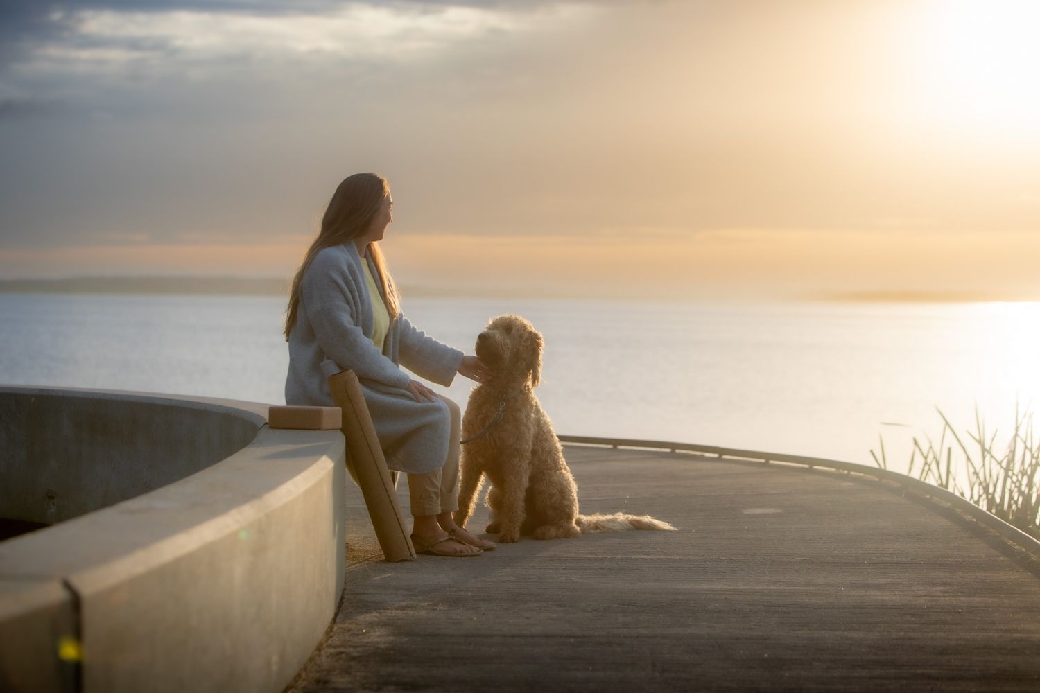 Person and dog sitting together watching sunset at a waterfront location.