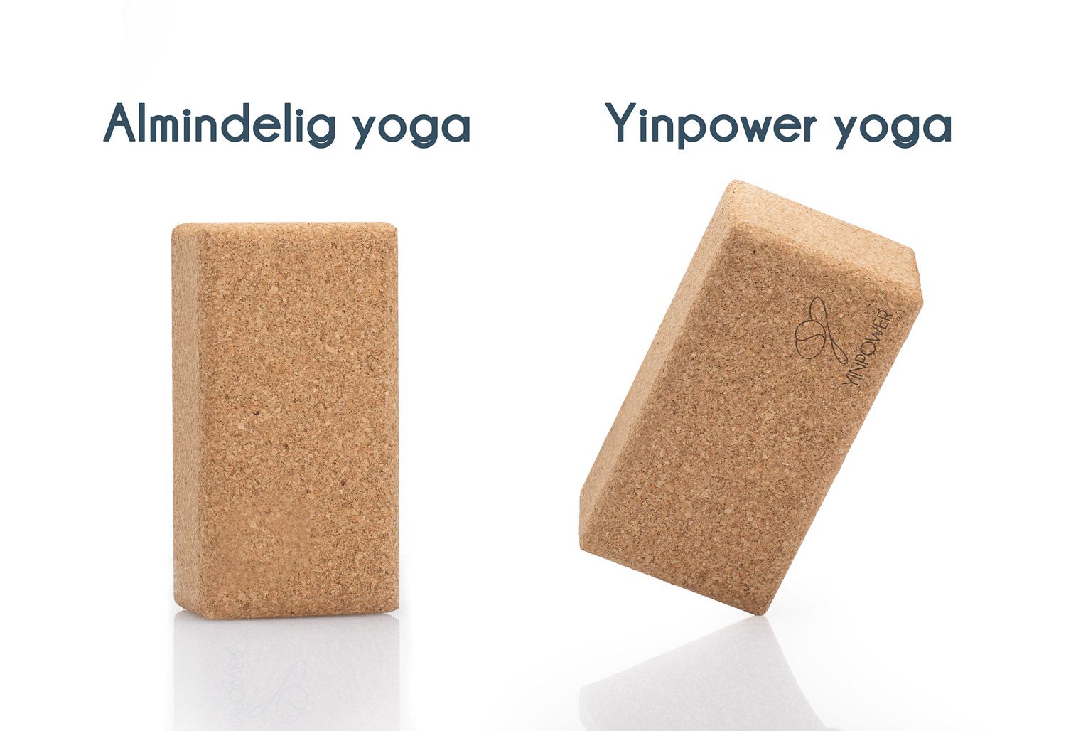 Two cork yoga blocks labeled Almindelia and Yinpower displayed on white background.