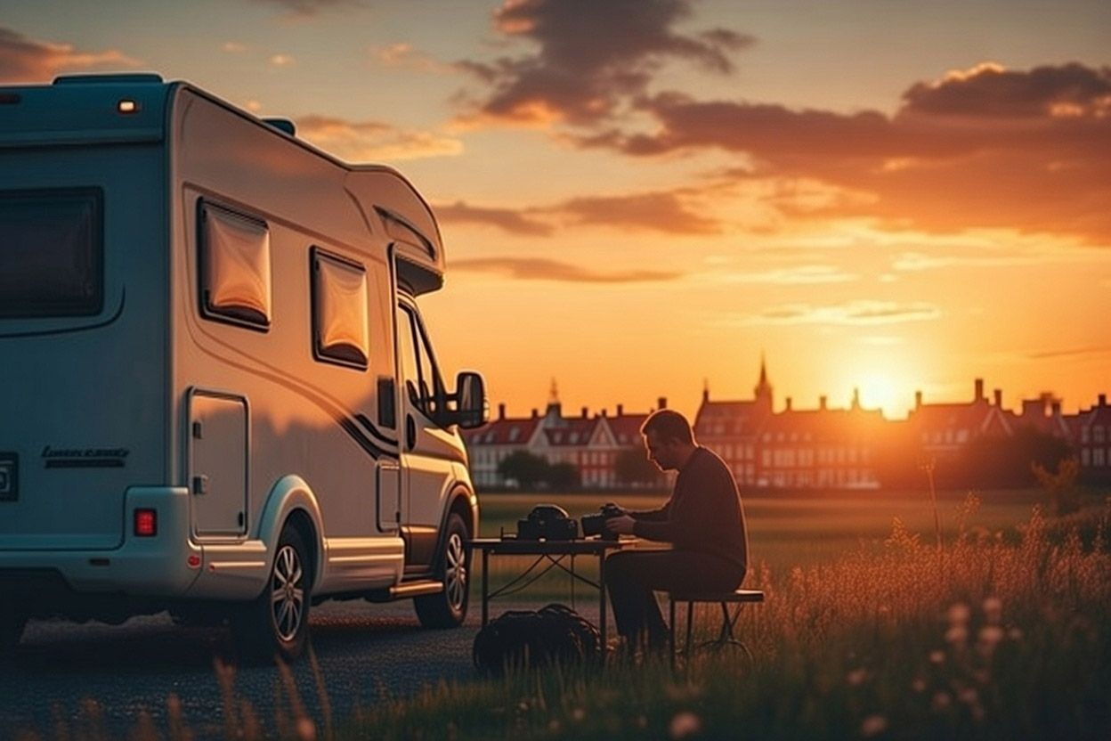 RV campers parked against a dramatic orange sunset sky with silhouetted buildings in the distance.