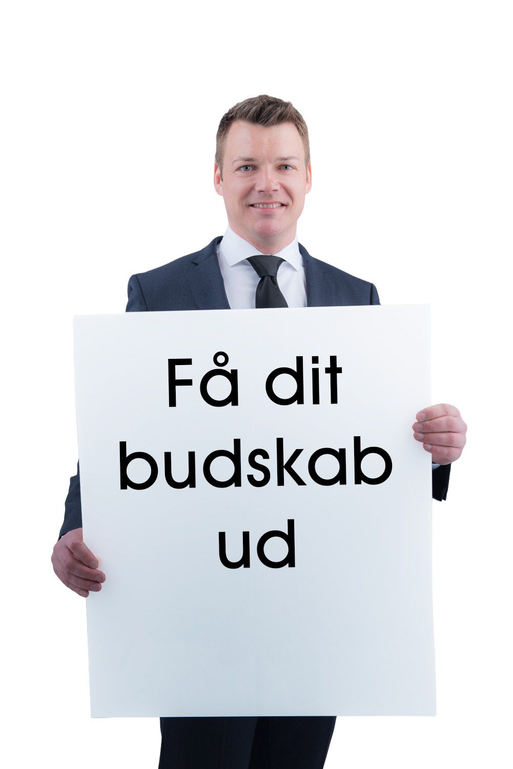 Person in business attire holding white signs in sequence against white background.