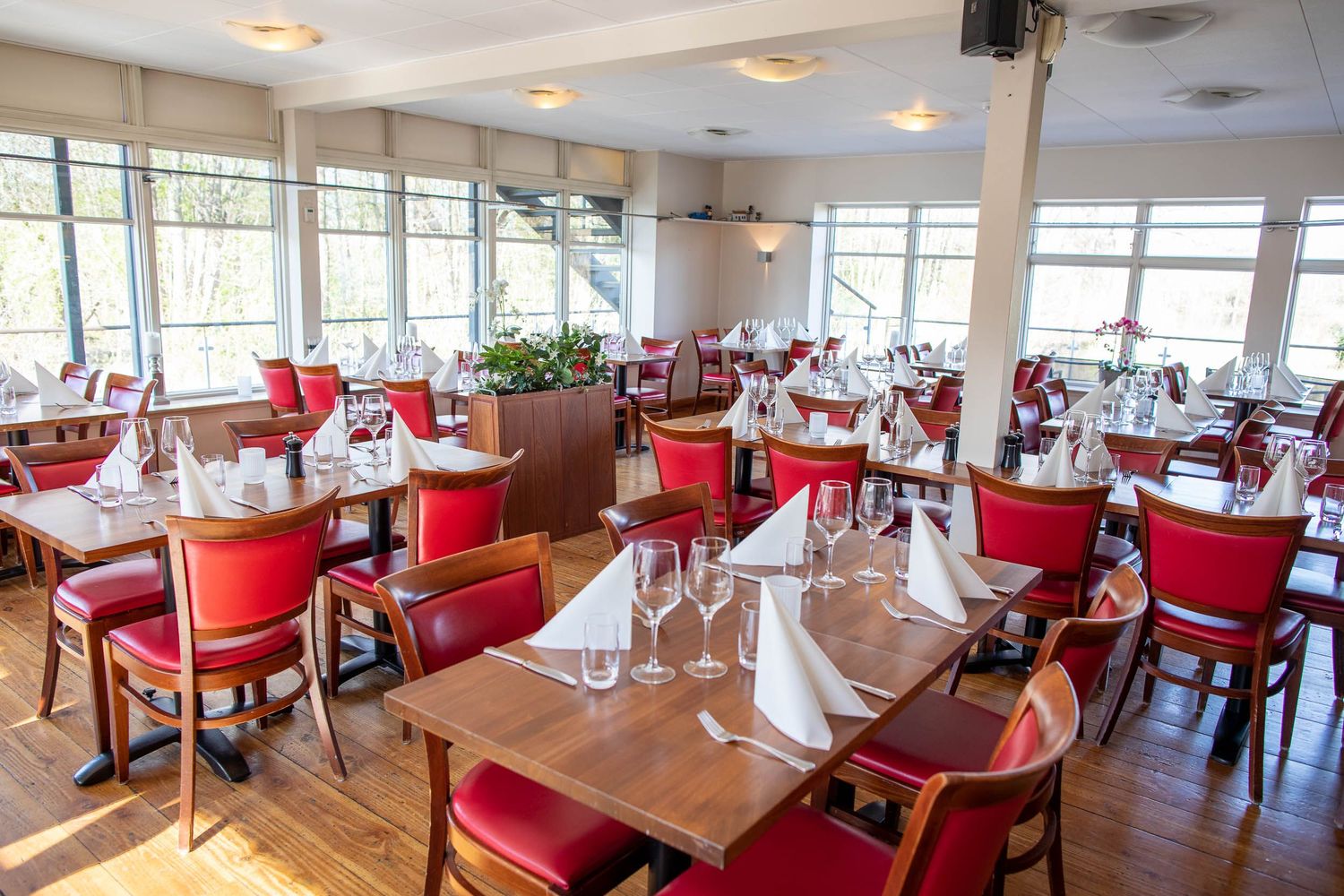 Spacious restaurant dining room with red chairs and white tablecloths in natural light.