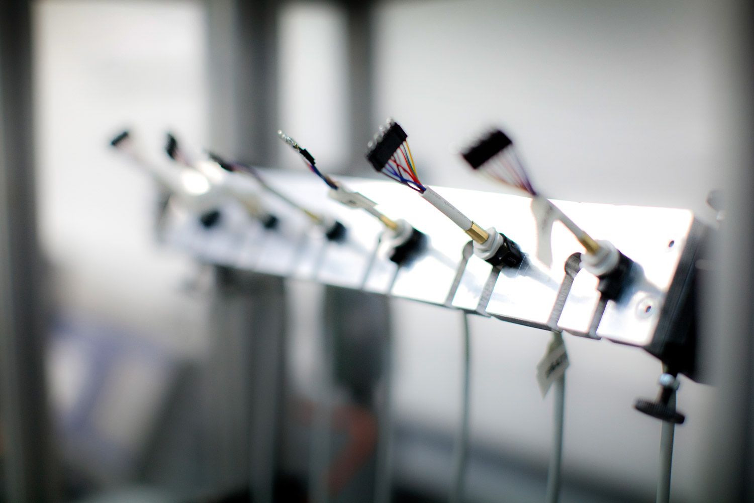 Abstract view of scientific instruments arranged at an angle.