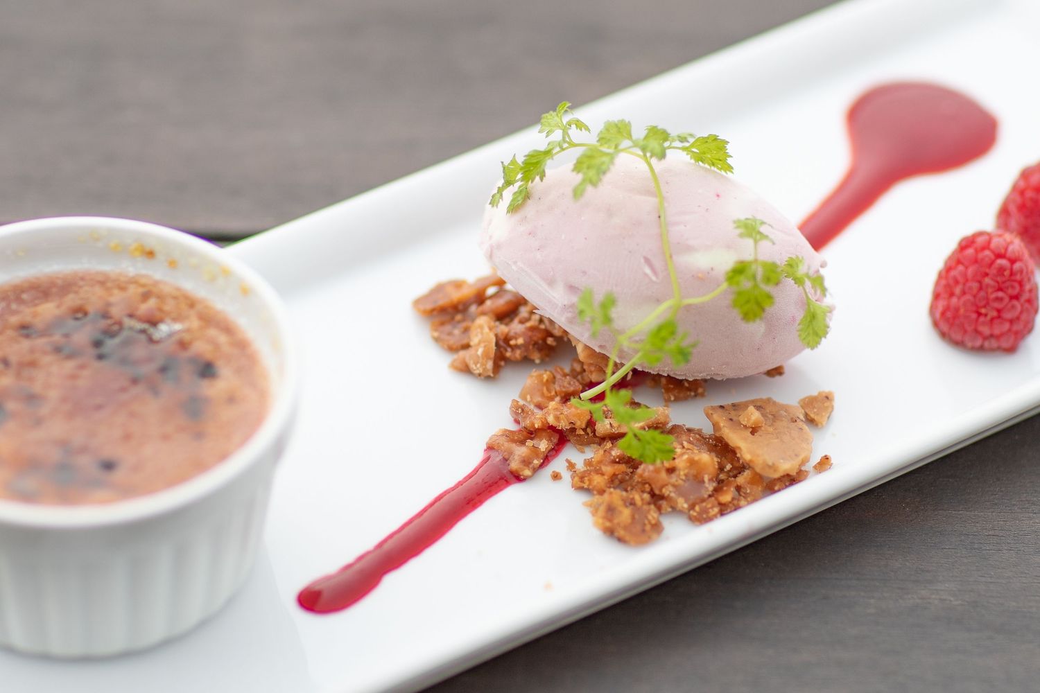 Elegant dessert plate featuring a pink ice cream quenelle with microgreens, crumble, raspberry and sauce accompaniment.