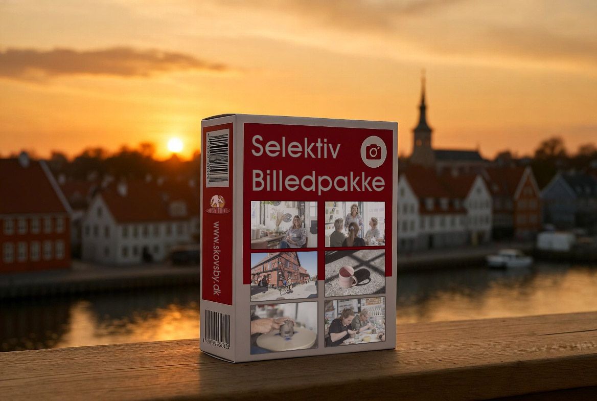 Product boxes labeled 'Selektiv' on wooden surface against sunset waterfront with historic buildings.