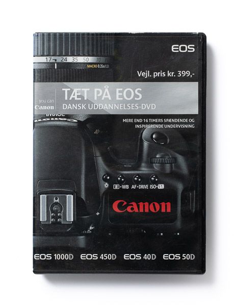 Canon EOS training DVD cover in Danish featuring multiple camera models and controls.