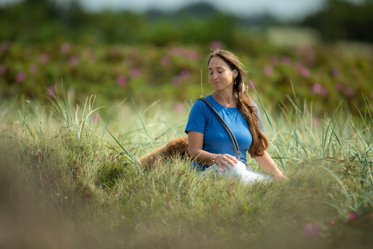 Relaxing in tall summer grass with a golden retriever nearby.