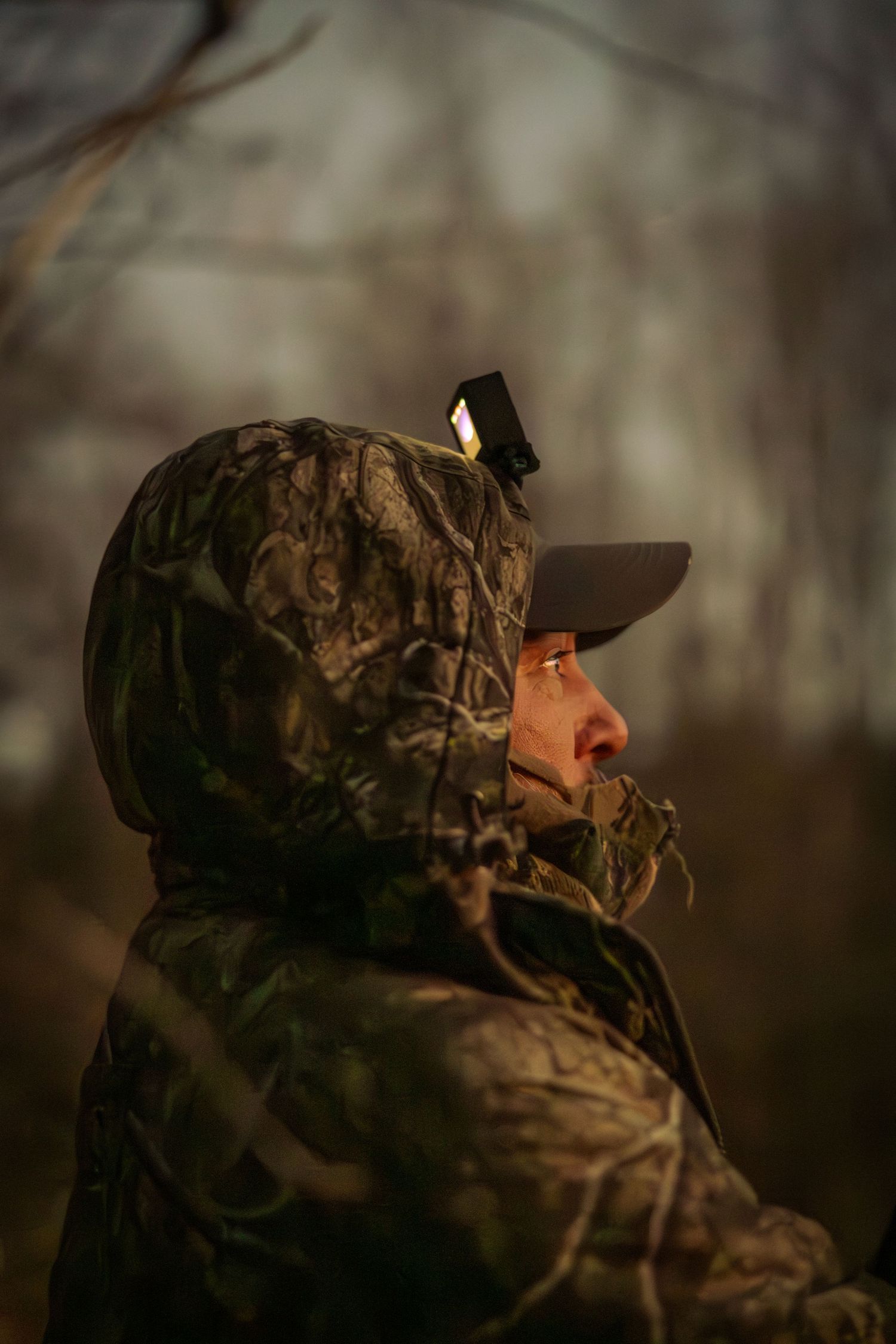 A hunter wearing camouflage gear looks up into the trees while hunting in a forest setting.