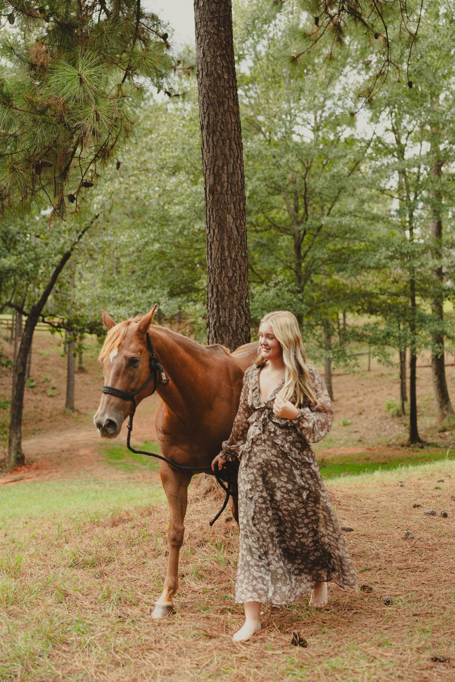 Brown horse and person in floral dress standing among pine trees in a forest.