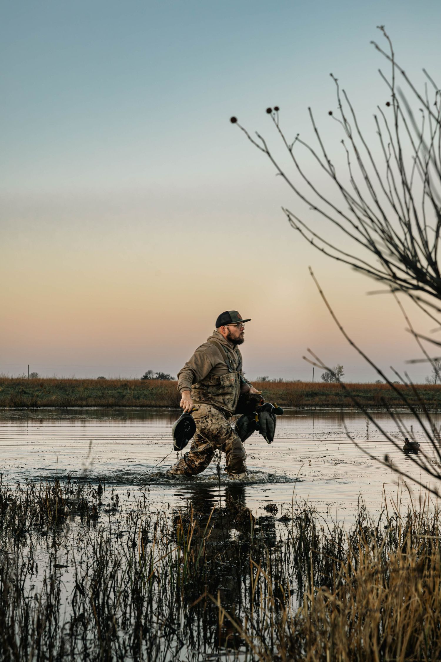 Duck hunter in camouflage gear wading through shallow marsh water at sunset with bare branches silhouetted against sky.