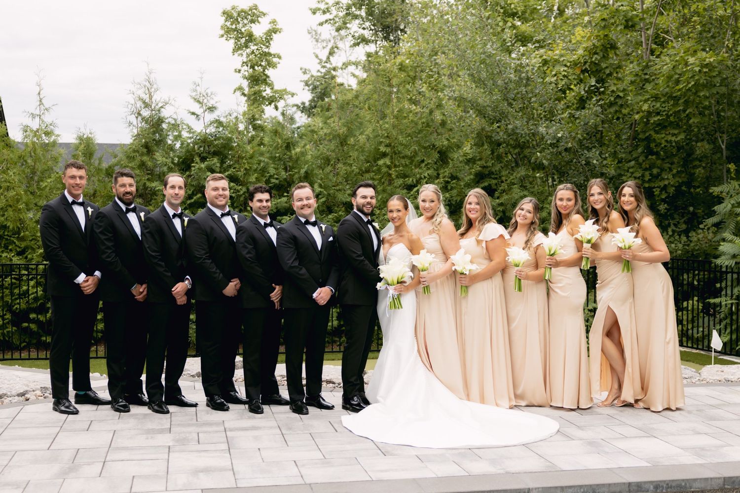 Wedding party poses outdoors, groomsmen in black tuxedos and bridesmaids in champagne gowns flanking the couple.