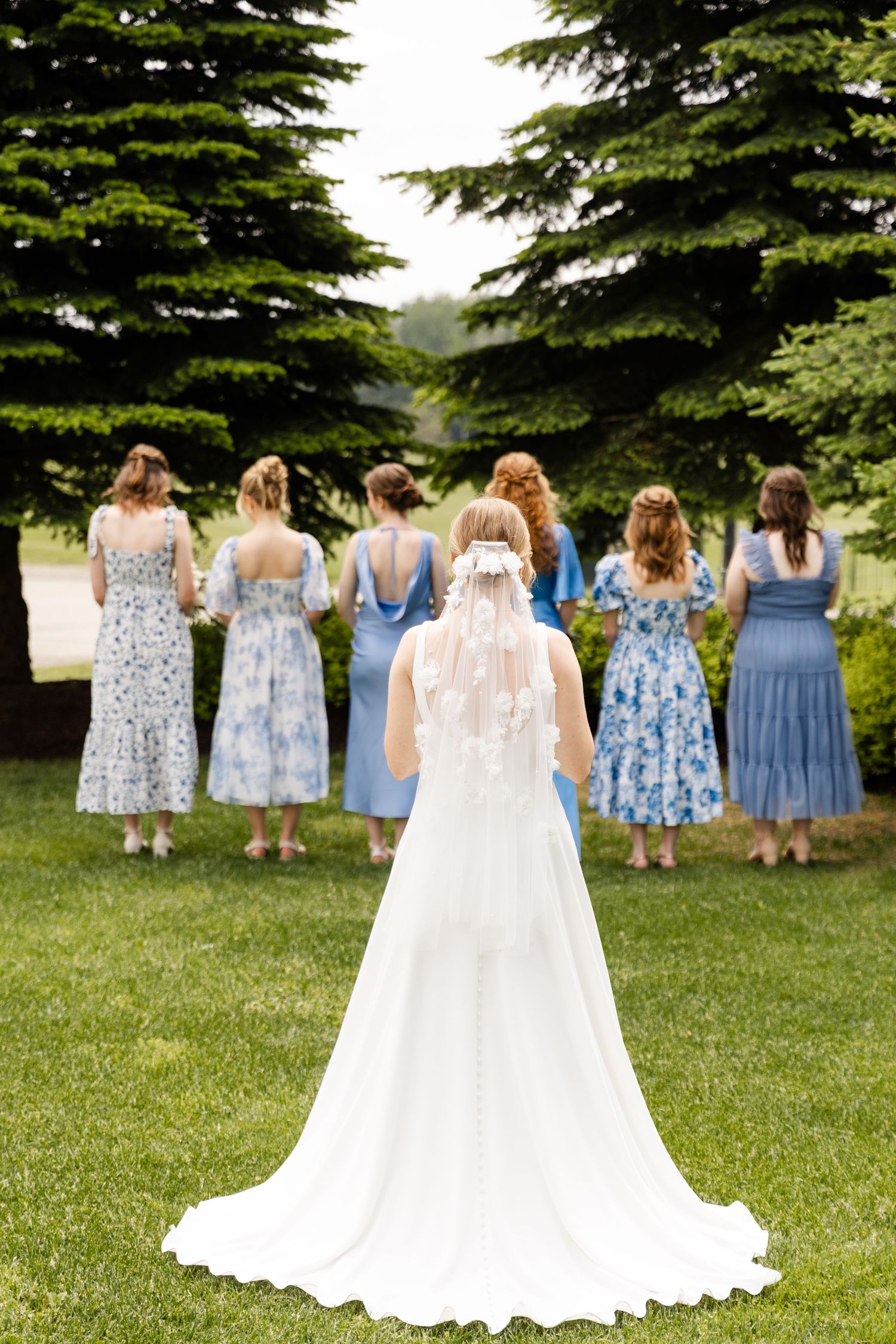 Bridal party in blue dresses arranged behind bride's flowing white train under evergreen trees.