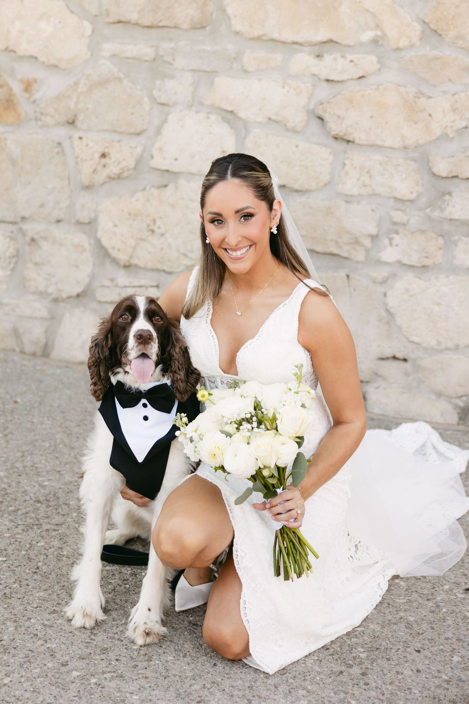 Bride poses with springer spaniel dog wearing tuxedo bowtie against stone wall.