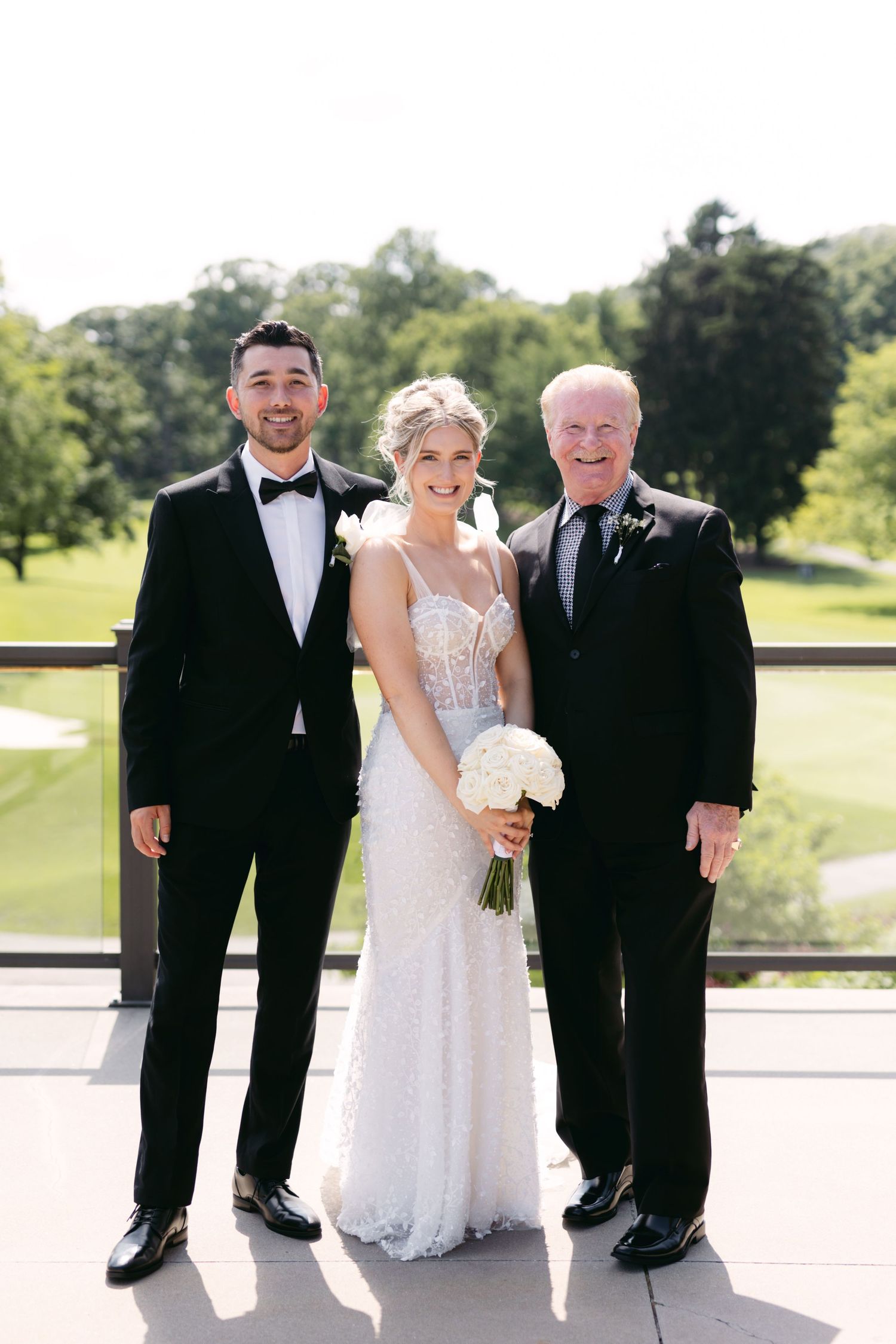 A series of formal wedding photos showing a bride in white with family members on a sunny outdoor terrace.