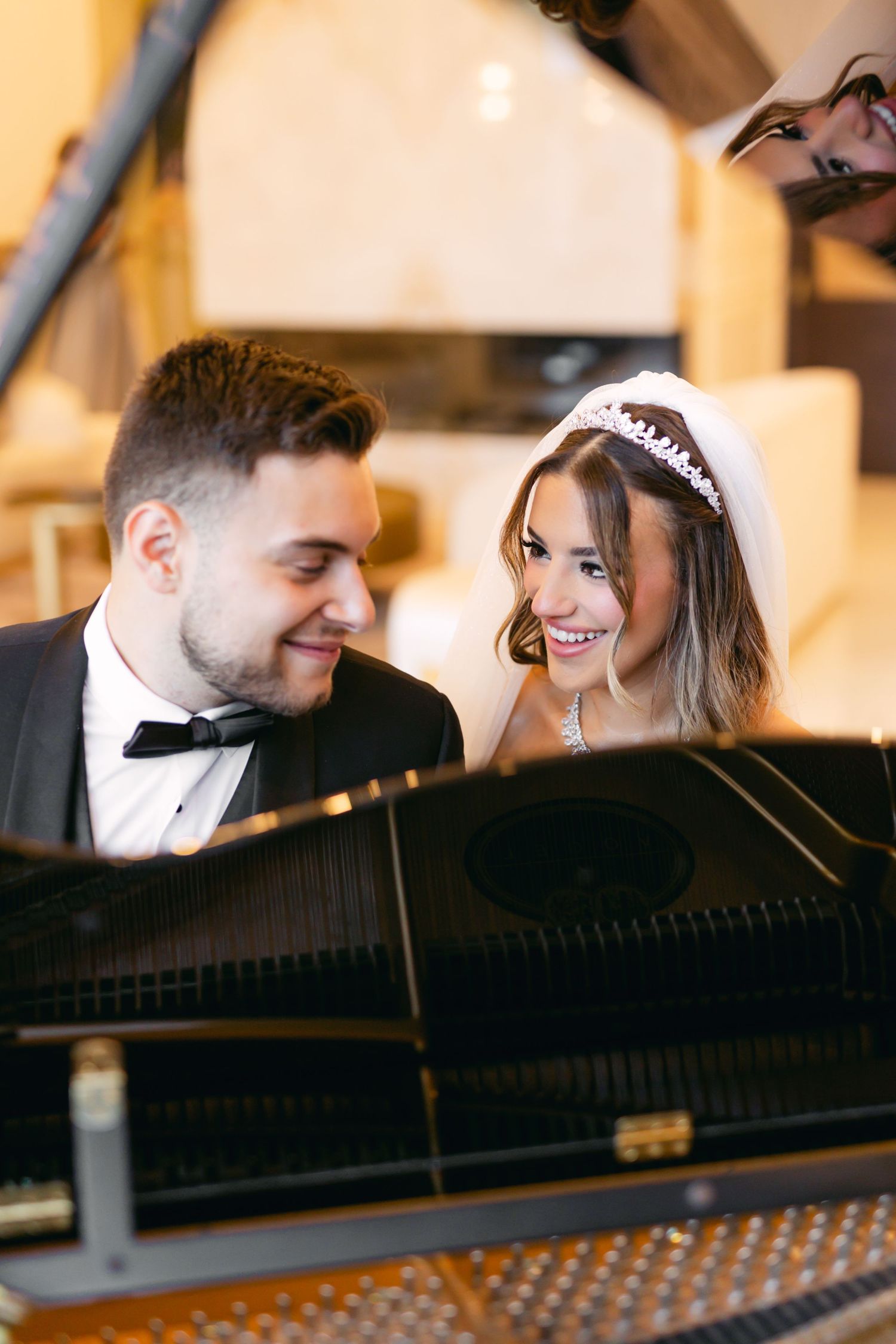 Artistic wedding photography sequence showing tender moments around a black grand piano.