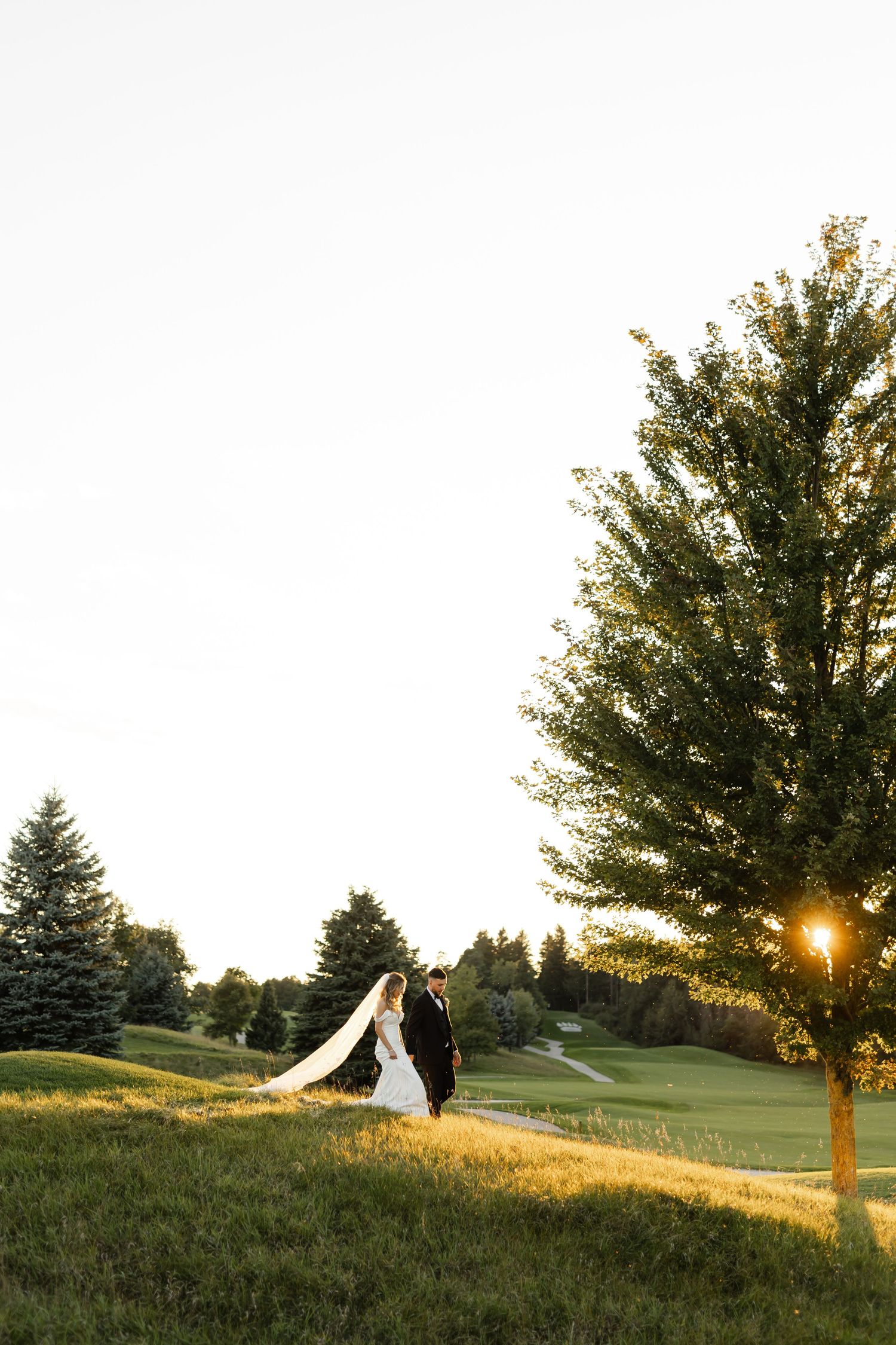 Wedding couple silhouetted against sunset on rolling golf course with dramatic tree lighting.