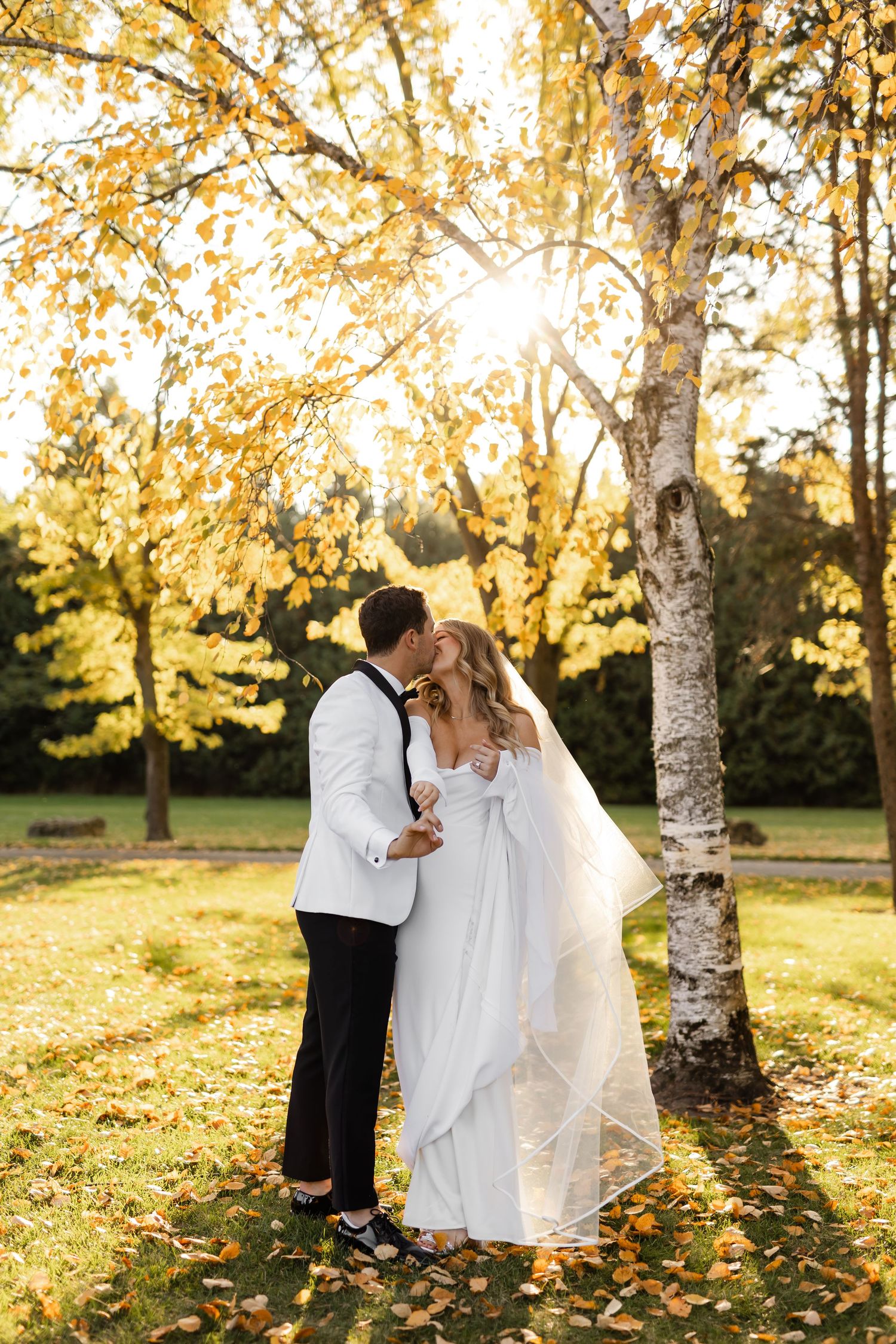 Romantic wedding portraits captured in birch grove with fallen autumn leaves and golden sunlight.