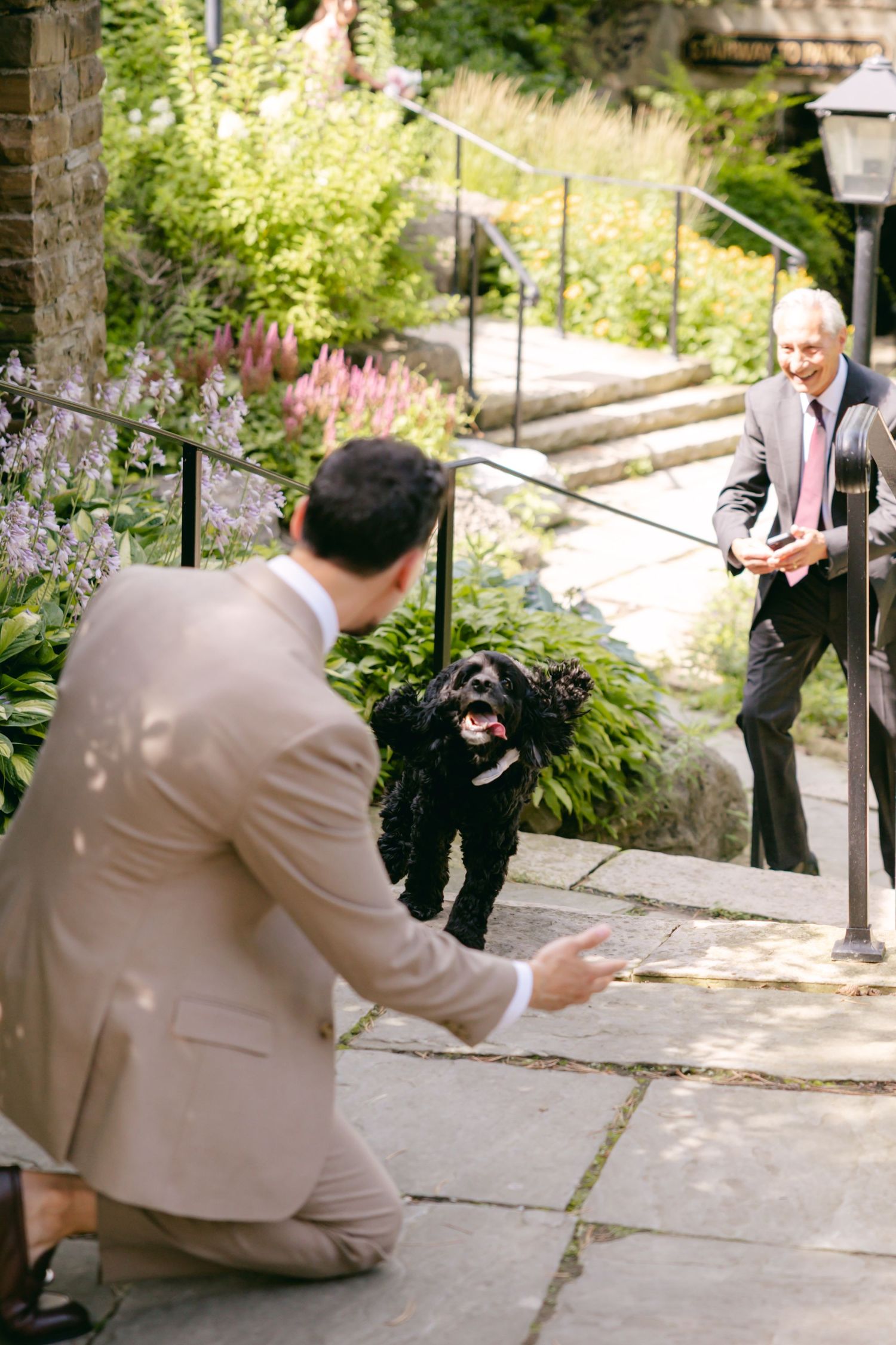 Black dog joins wedding party on garden steps with blooming flowers.