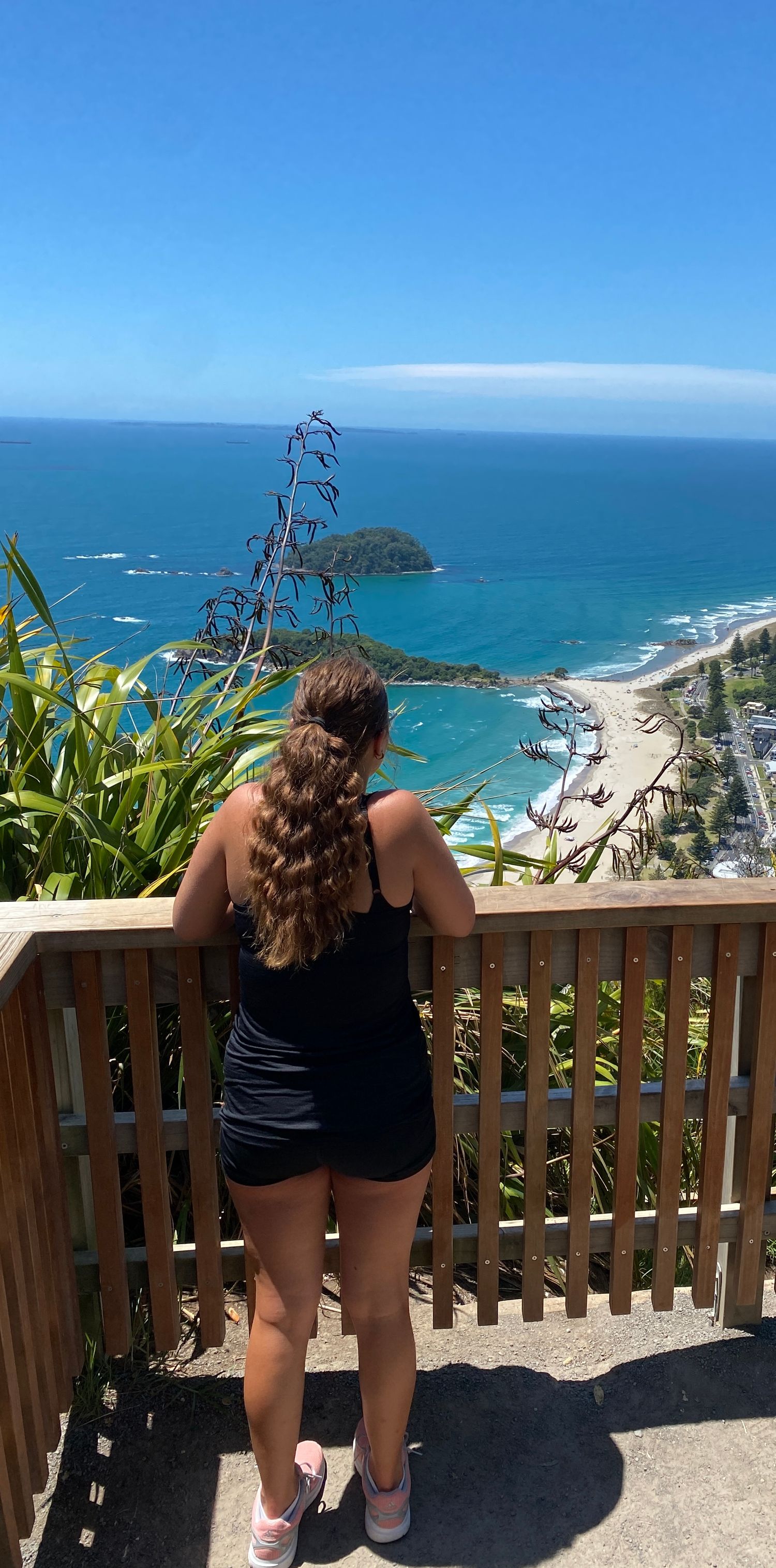 Young girl standing with her back to the camera, gazing at a scenic landscape