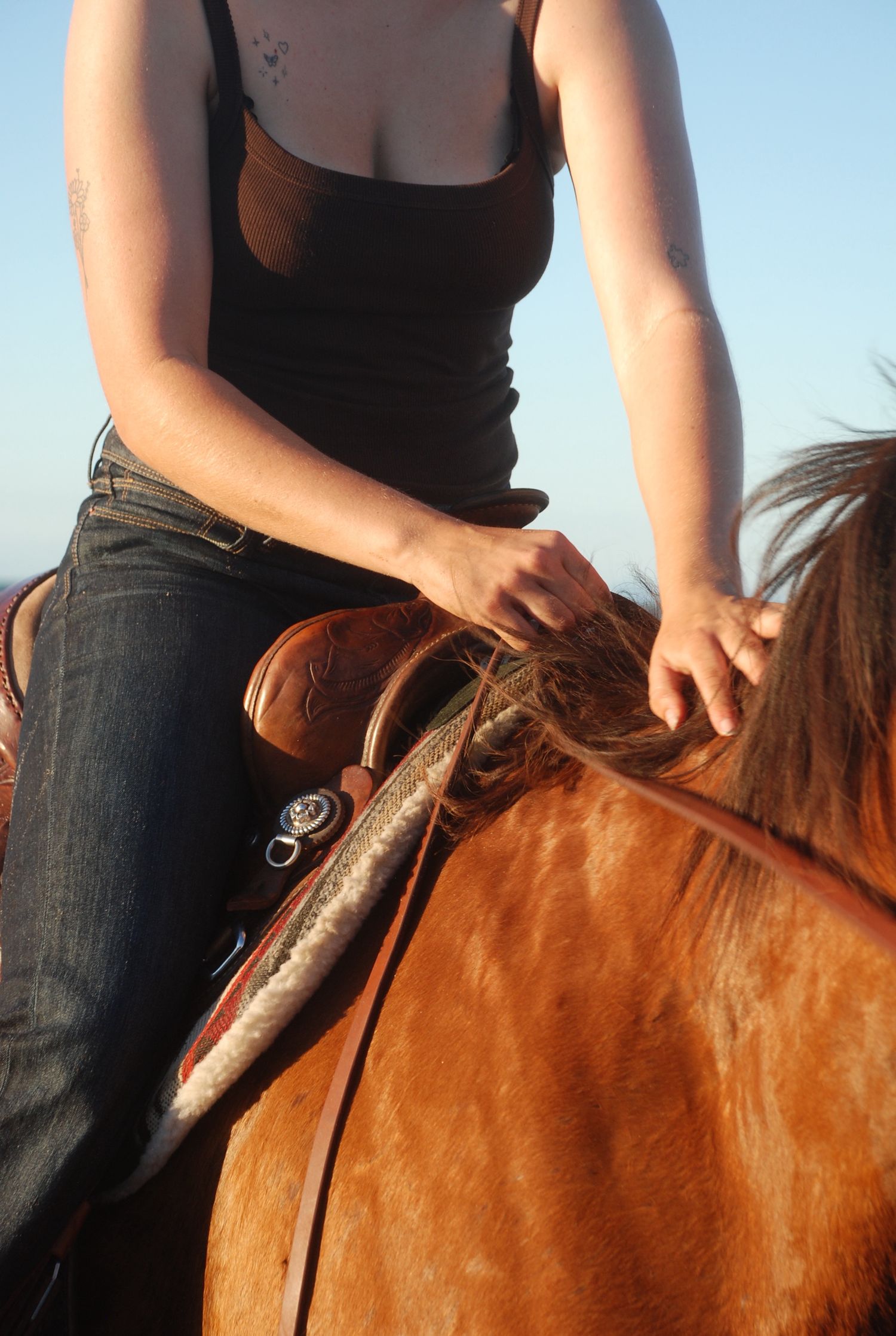Woman riding a horse, holding the reins while petting the horse with her leg visible from the side