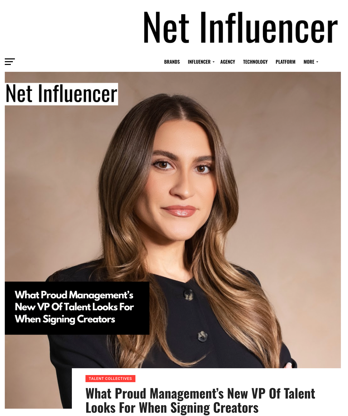 Professional website layout featuring headshots and article headlines about influencer management.