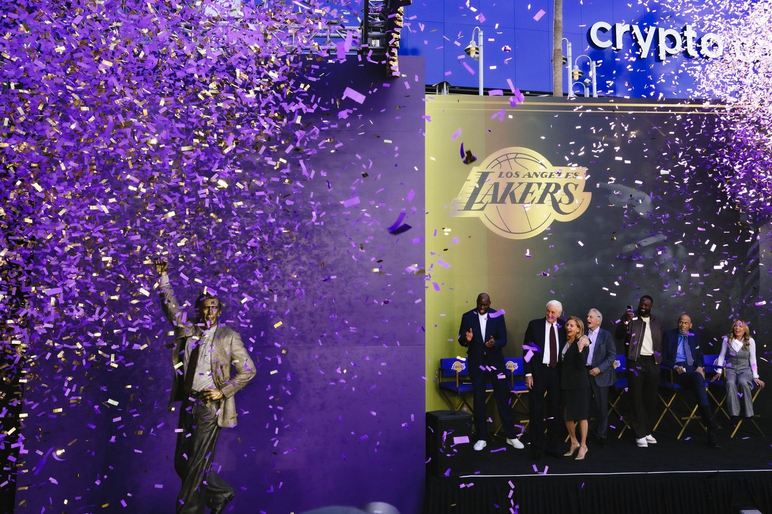 Los Angeles Lakers celebration event with confetti falling on stage at Crypto.com Arena.