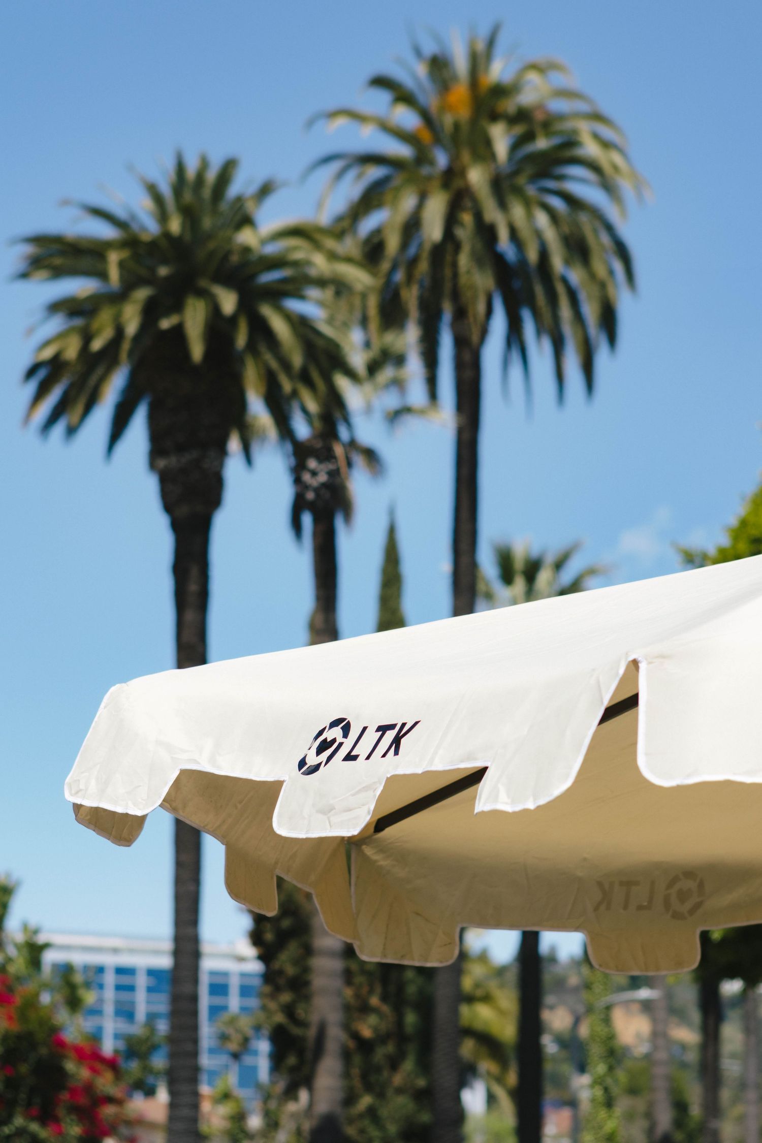 White canopy umbrellas lined up against a blue sky with palm trees in the background.