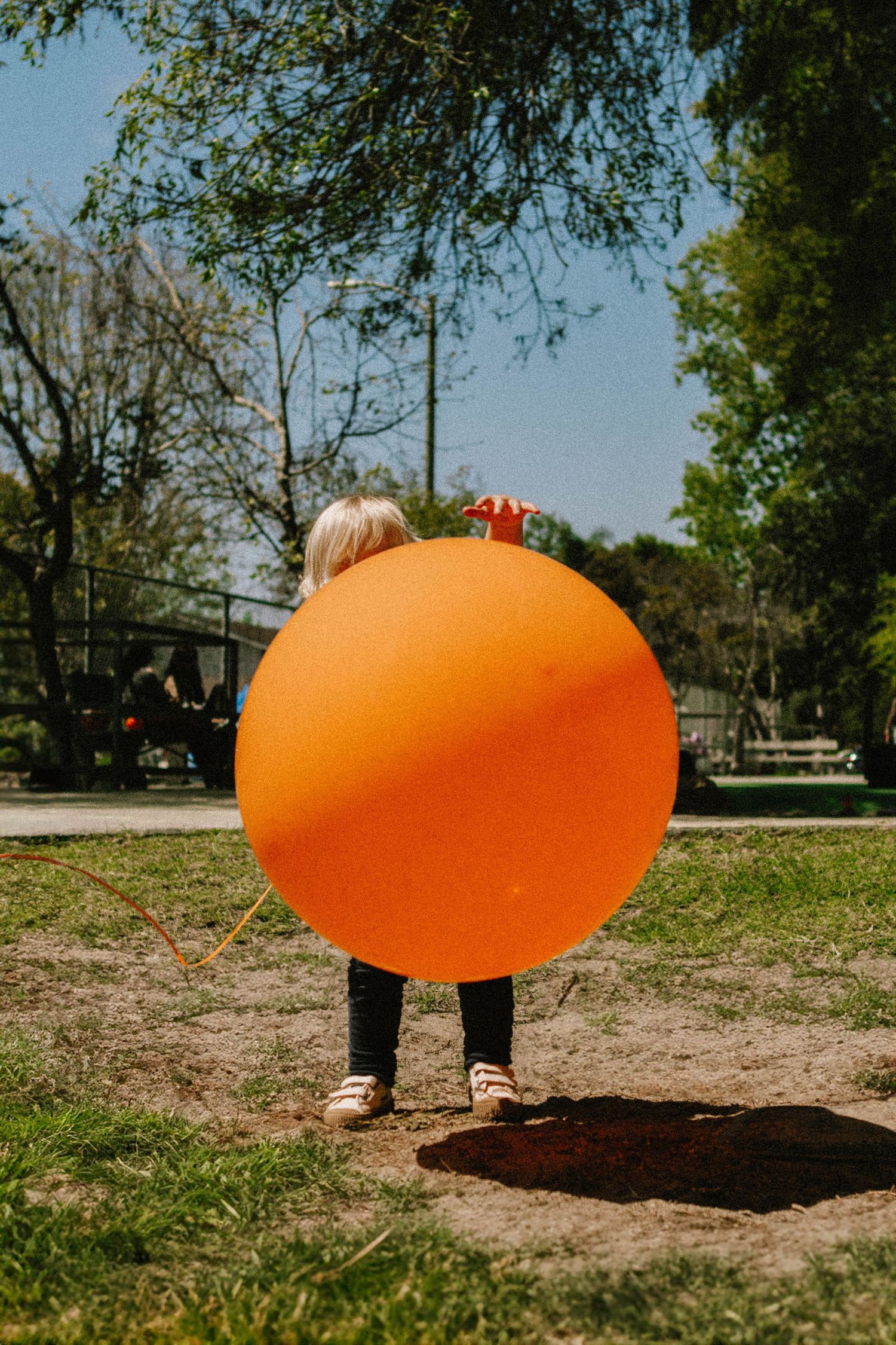Sequence of orange balloon floating across a sunny outdoor park setting.